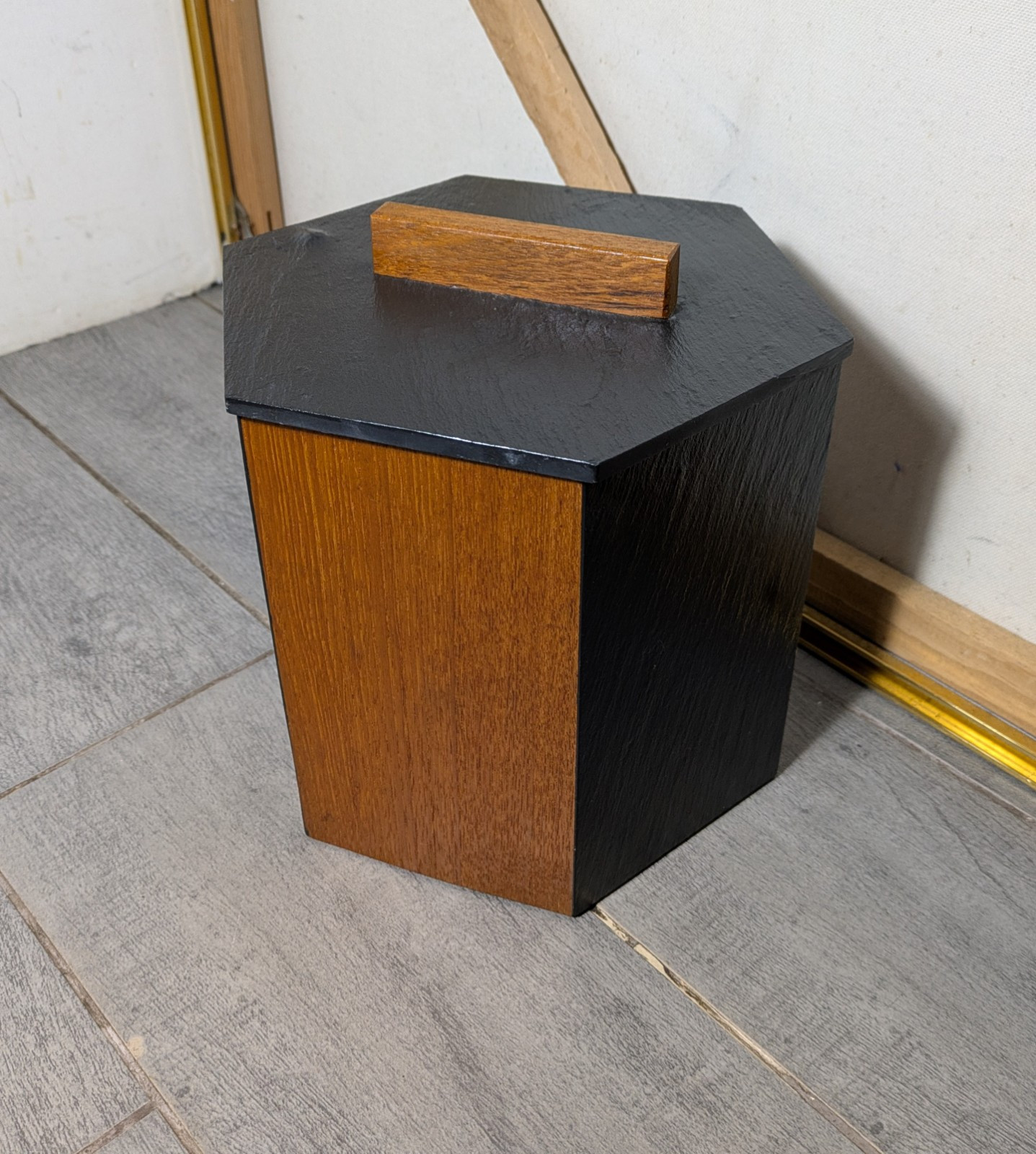 Vintage Harpswell House Mid Century Danish Modern Slate & Walnut Ice Bucket