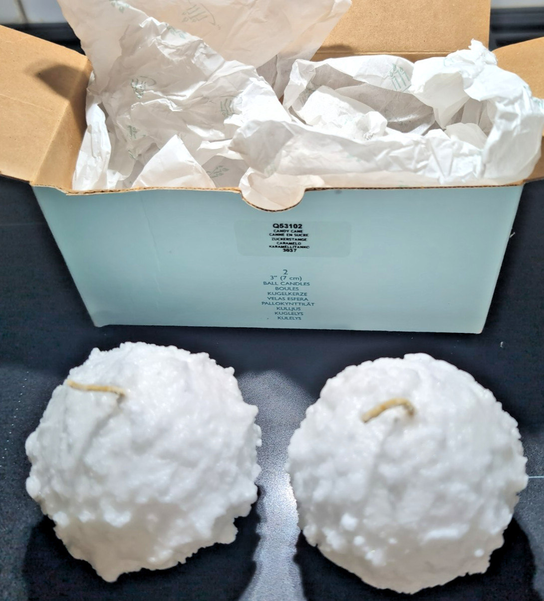 PartyLite 3” Snow Balls Q53102 Ball Wax Candles NIB RETIRED Candy Cane USA Made PartyLite 3” Snow Balls Q53102 Ball Wax Candles NIB RETIRED Candy Cane USA Made