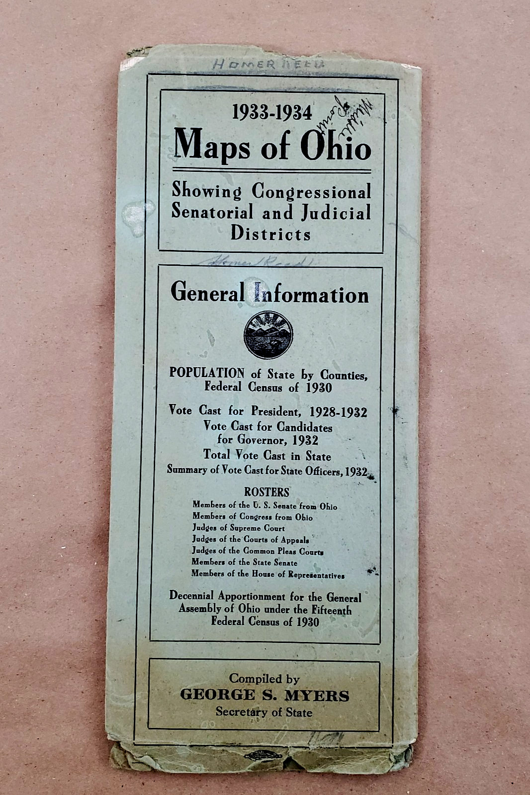 1933-34 Ohio Maps & Political Districts Booklet w/ Foldout Maps & Census Data