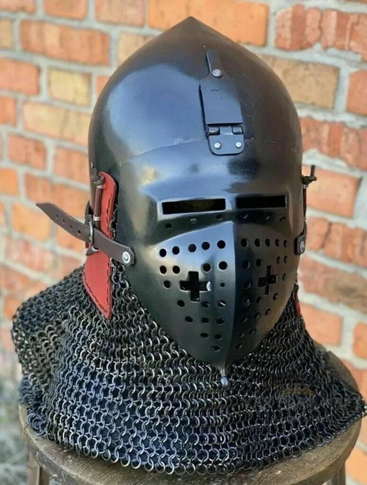 Medieval Bascinet Klappvisor Helmet | Hand-Forged 16 Gauge Steel | Black Cross Medieval Bascinet Klappvisor Helmet | Hand-Forged 16 Gauge Steel | Black Cross