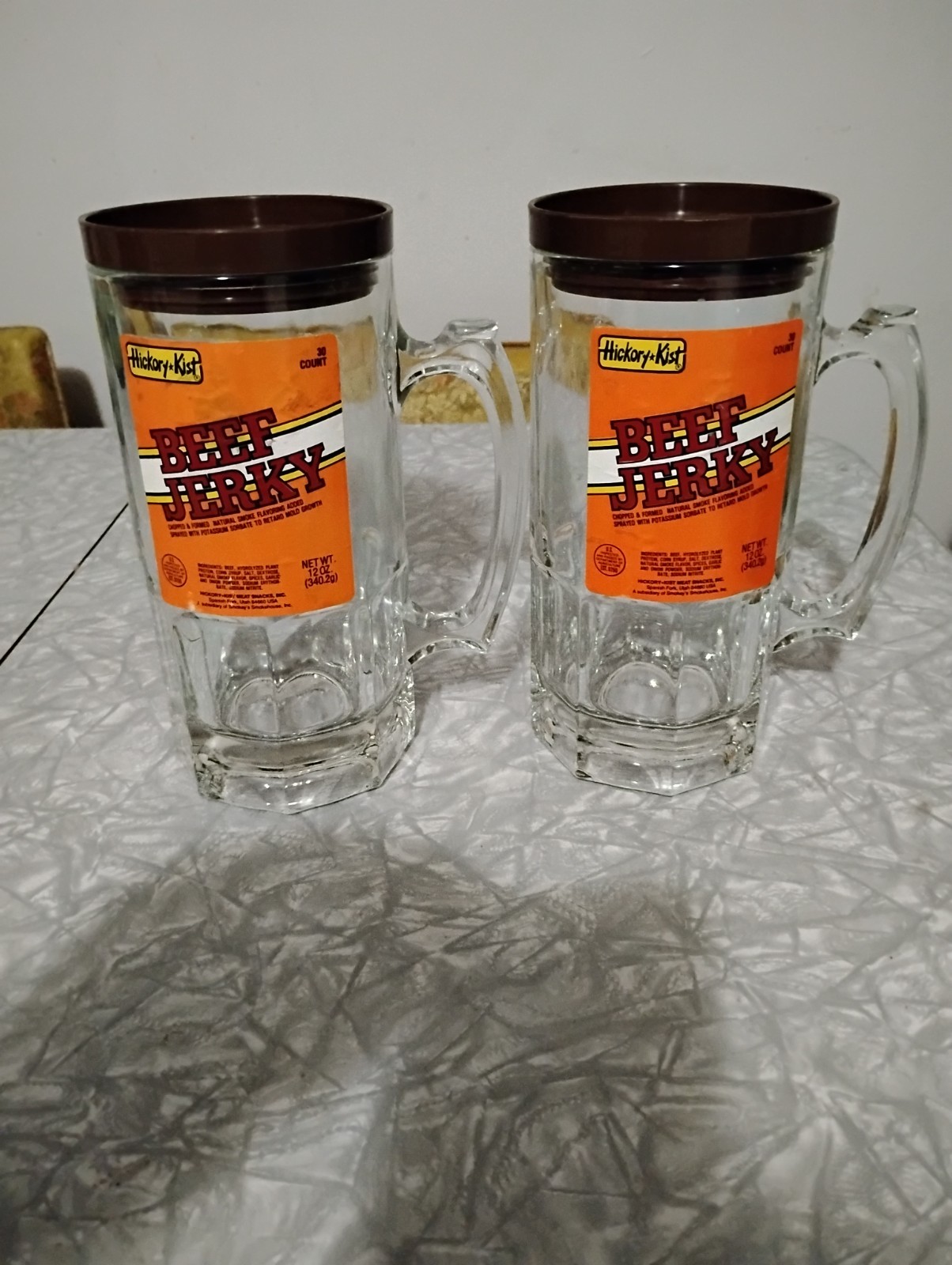 Vintage Beef Jerky Hickory Kist Store Display Mugs With Lids RARE