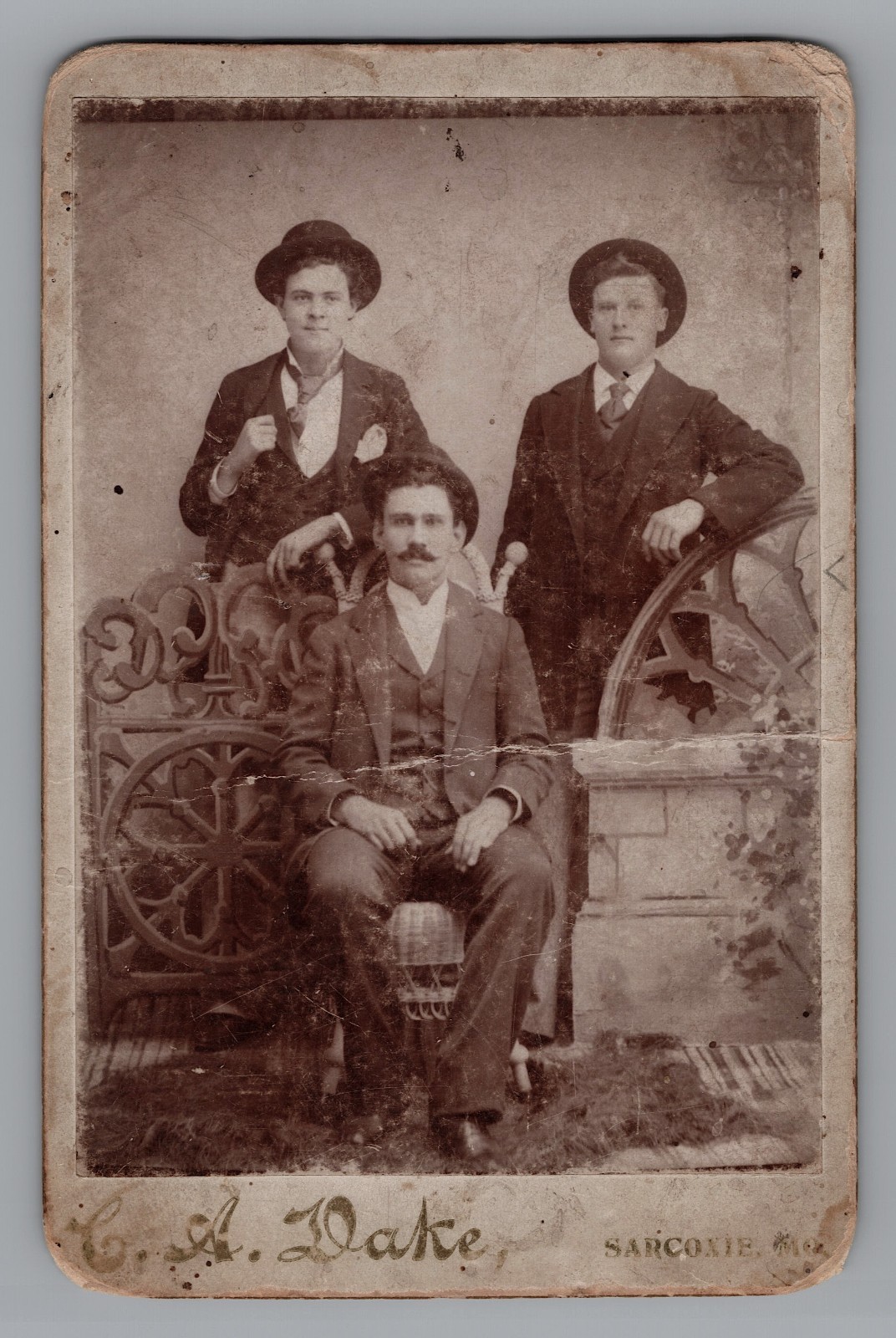 1890s Cabinet Card Photo Three Men Vintage Fashion Hats A Dake Sarcoxie MO