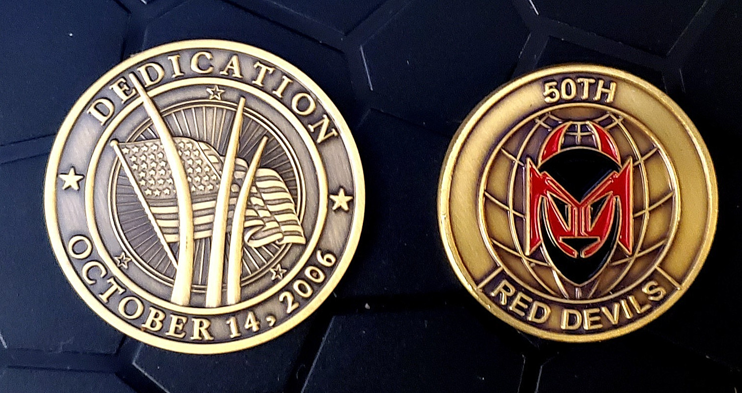 2 BRASS 3D CHALLENGE COINS USAF AIR FORCE MEMORIAL + FIGHTIN 5-0 50th RED DEVILS