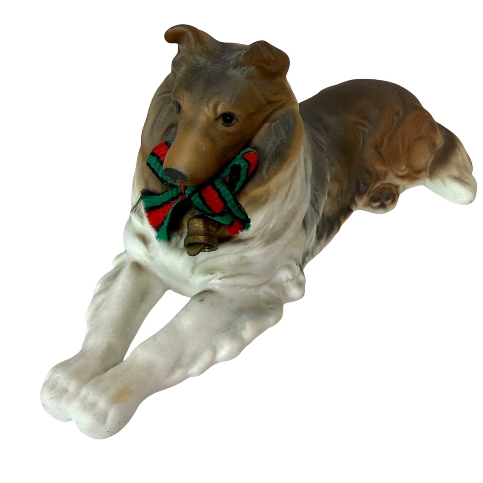 Enesco Collie Dog Figurine Vintage 1985 Bone China Holiday Ribbon Collar 6.25\