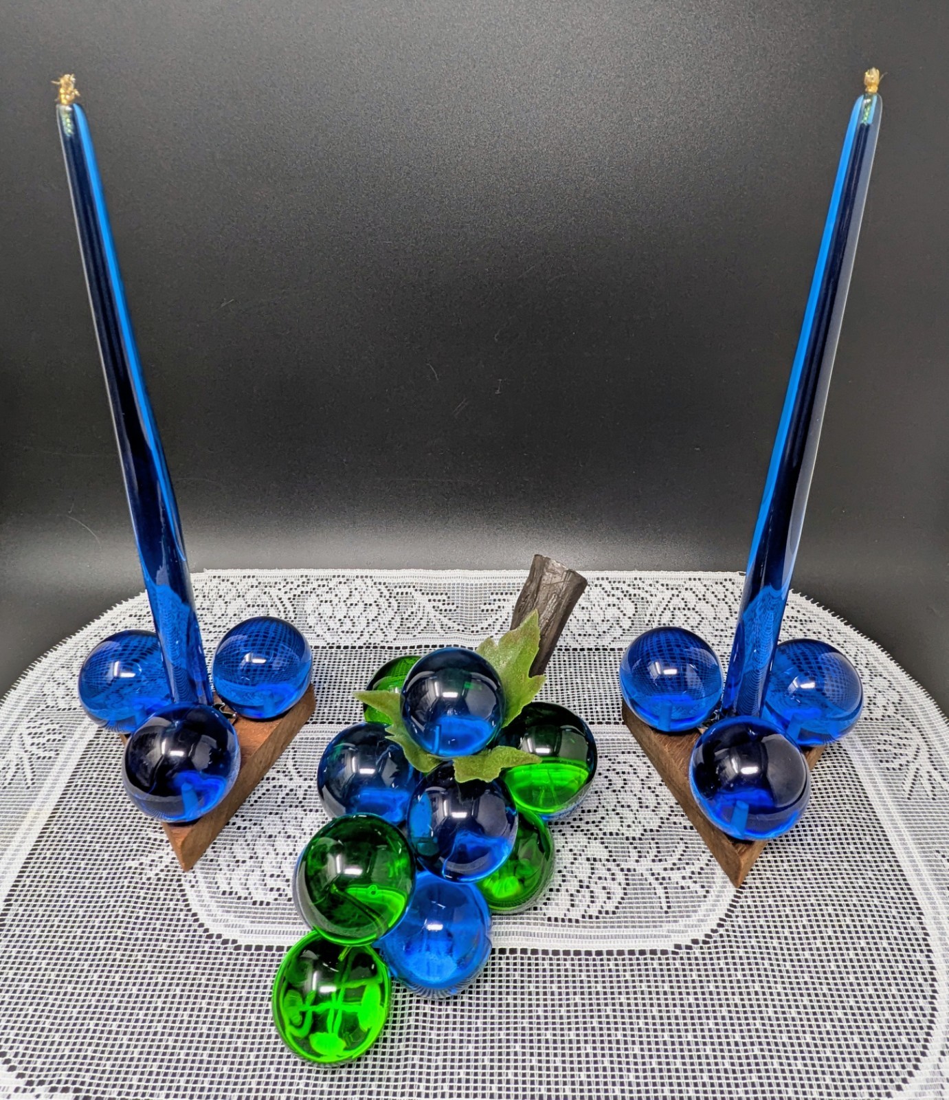Vintage Blue & Green Lucite Grapes & Candlesticks Rare Mid Century Modern Decor
