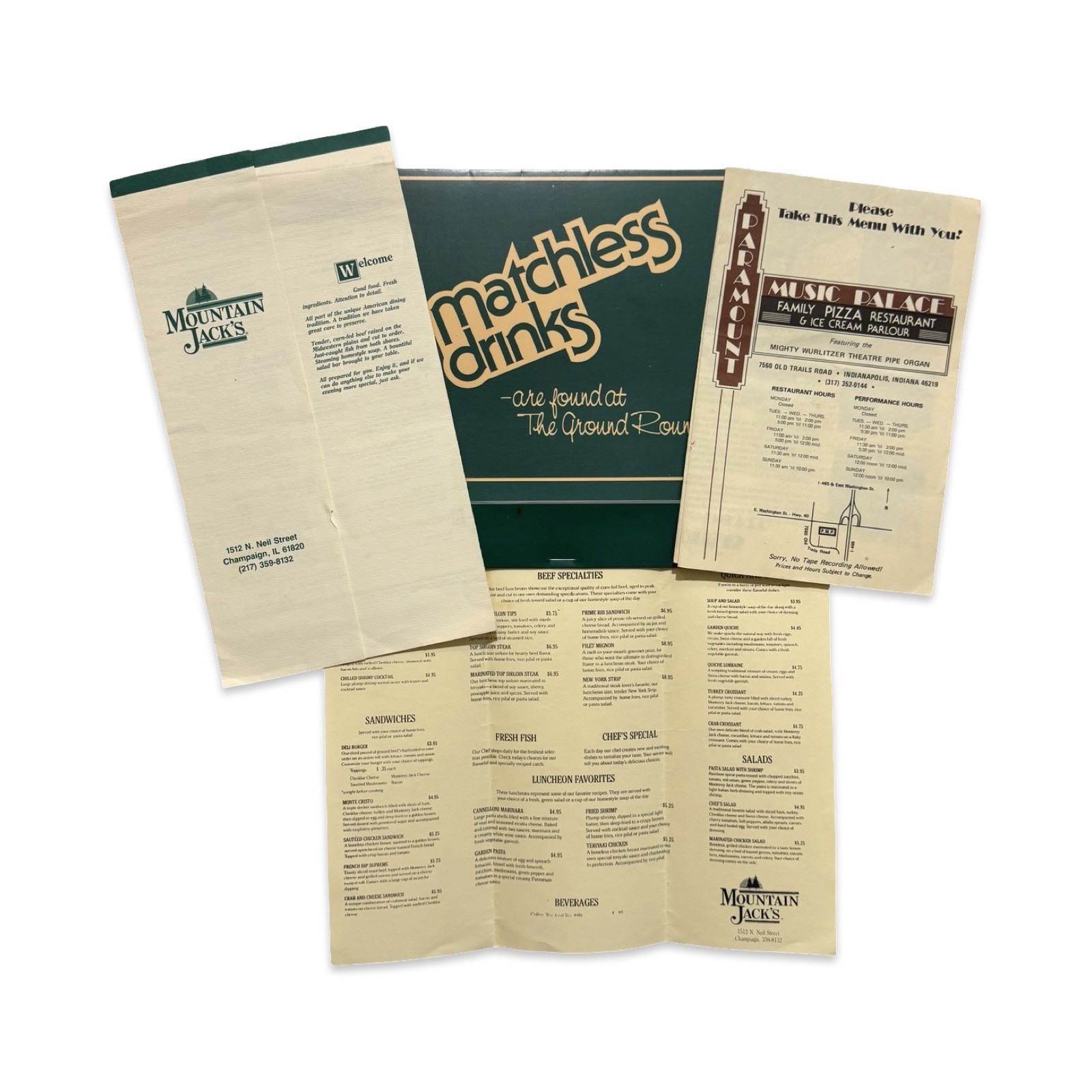 Vintage Mountain Jack’s Ground Round Paramount Music Palace Menus Ephemera