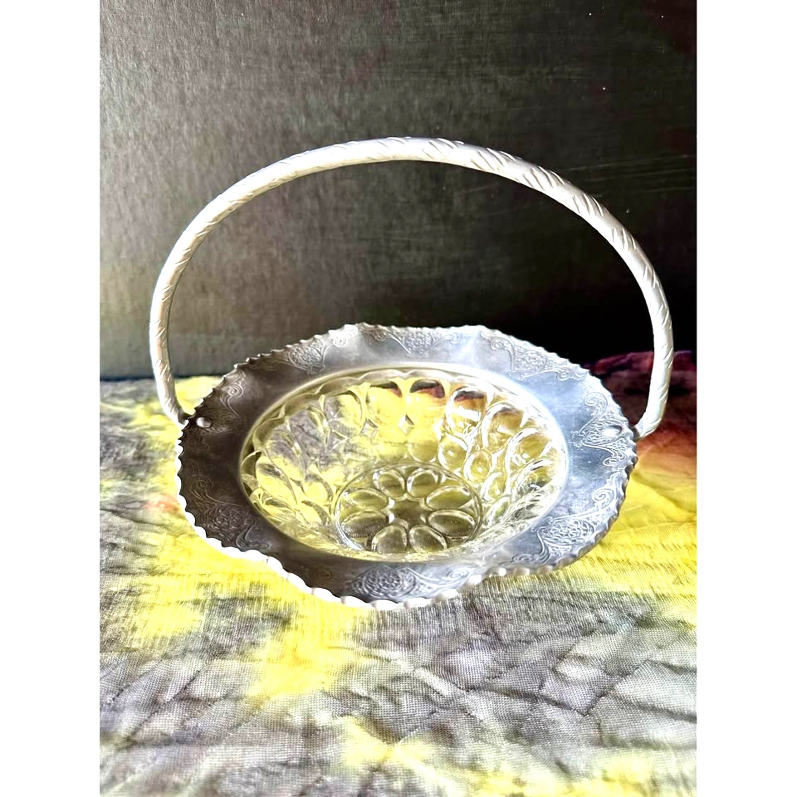Basket Vintage Aluminum Bubble Glass FARBER SHLEVIN Hand Wrought Etched Thumbprt