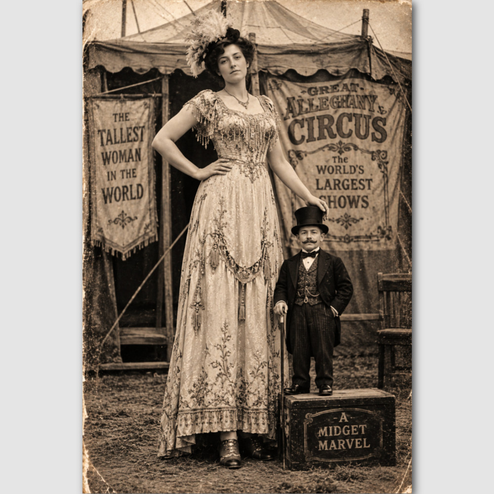 Woman Giant Little Person Circus Vintage Photo Print Odd SIdeshow Freak Carnival