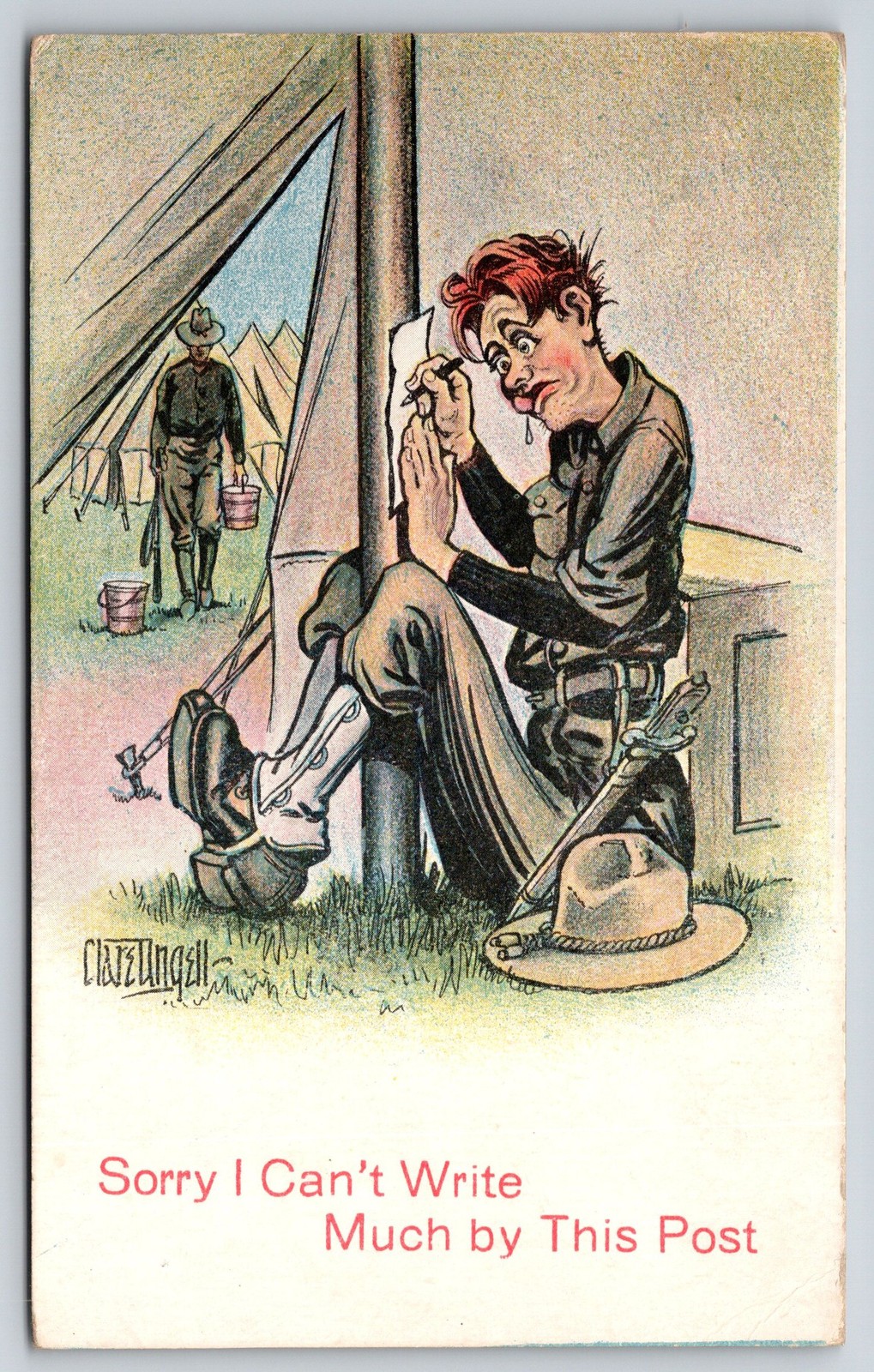 Clare Ungell WW1 Comic~Soldier In Tent~Trouble w/Post~c1910 Vintage Postcard