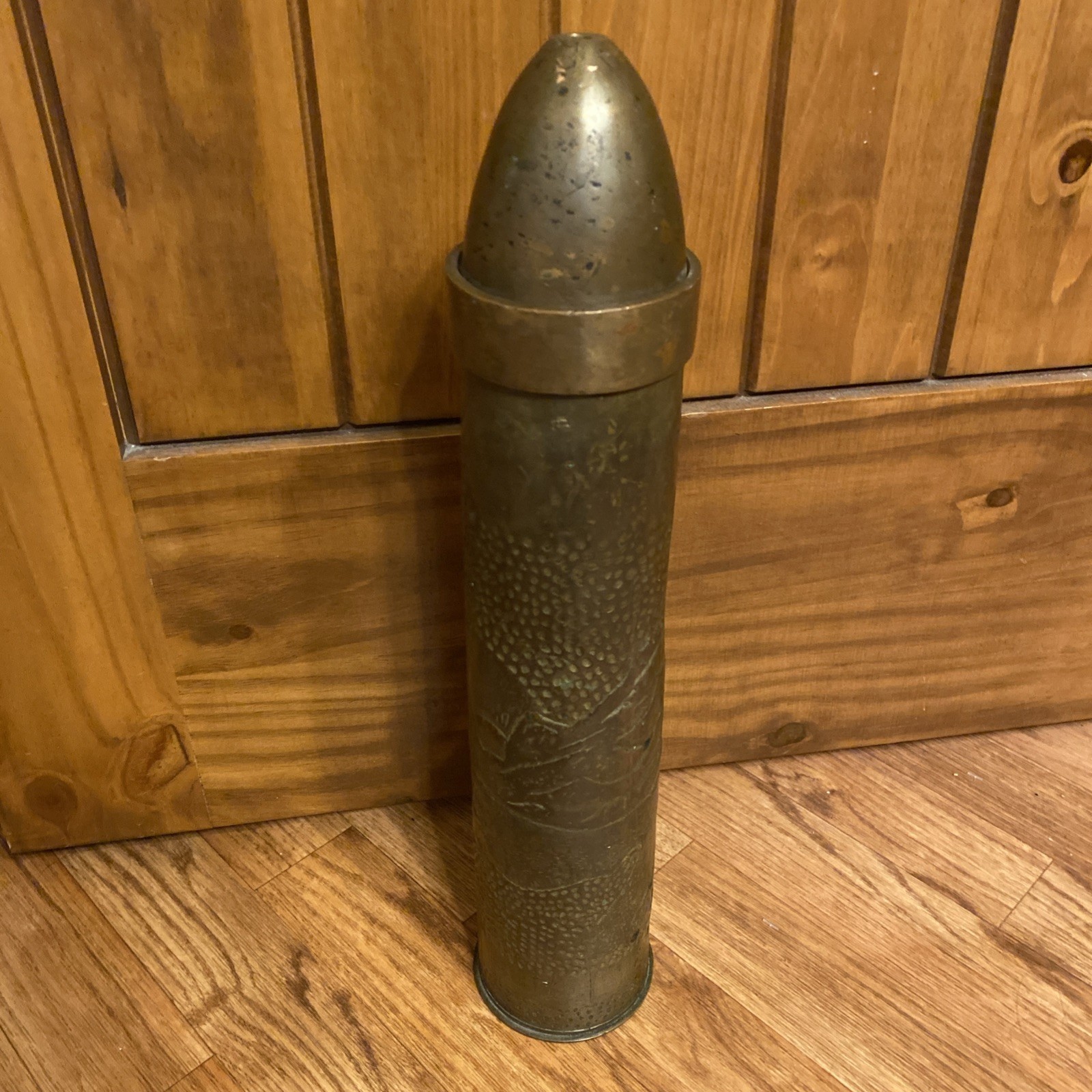 Vintage WWI/WWII Trench Art Artillery Brass Shell Casing - village scene Vintage WWI/WWII Trench Art Artillery Brass Shell Casing - village scene