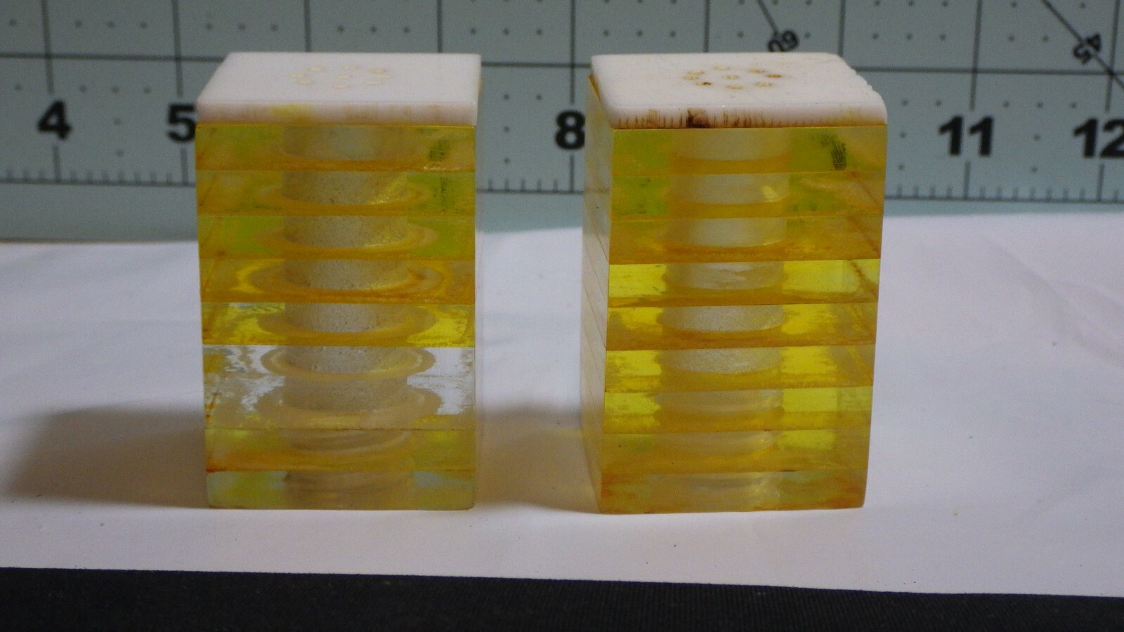 vintage mod lucite salt & pepper shakers yellow clear white layer 2.25X1 7/16