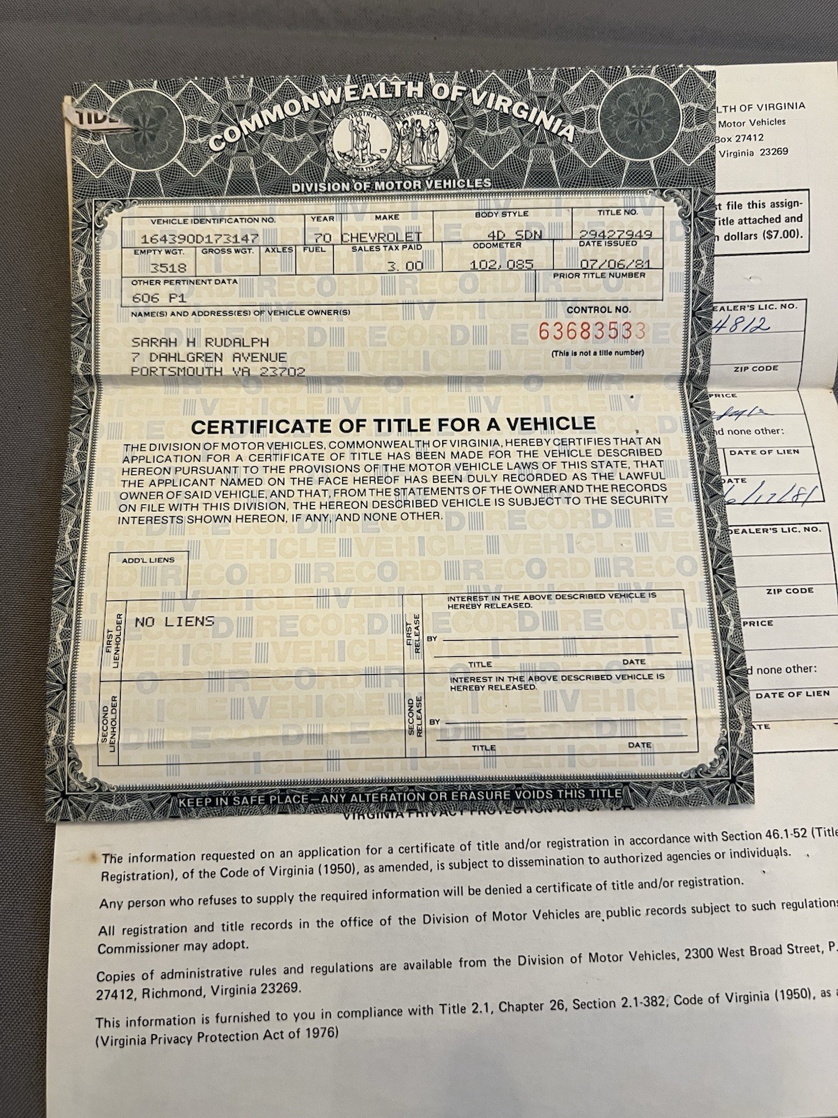 Genuine Original 1970 Chevrolet Impala Sport 4 Door VA Car Title 164390D