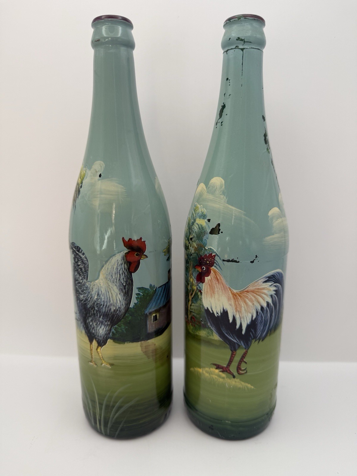 Vintage Hand Painted Glass Bottles Farmhouse Country Kitchen Decor Rooster Barn Vintage Hand Painted Glass Bottles Farmhouse Country Kitchen Decor Rooster Barn