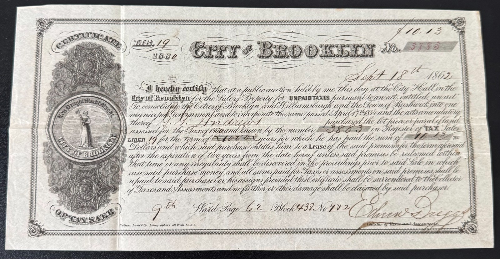 Original 1862 Civil War Era Certificate of Tax Sale Brooklyn, New York