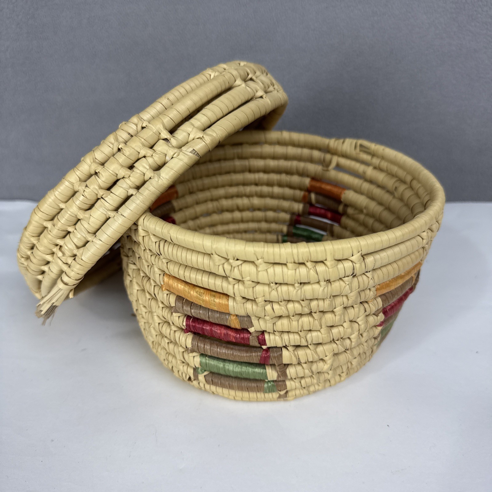 Vtg Hand Woven Basket with Lid wicker rattan rustic boho