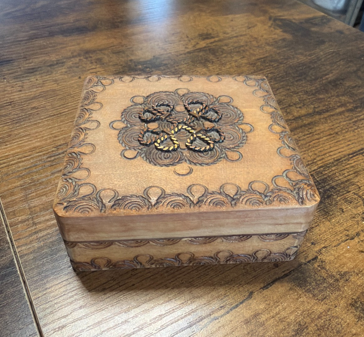 VTG 1970's Handmade Carved Square Wooden Trinket Box, From Poland ~ Ex Cond.