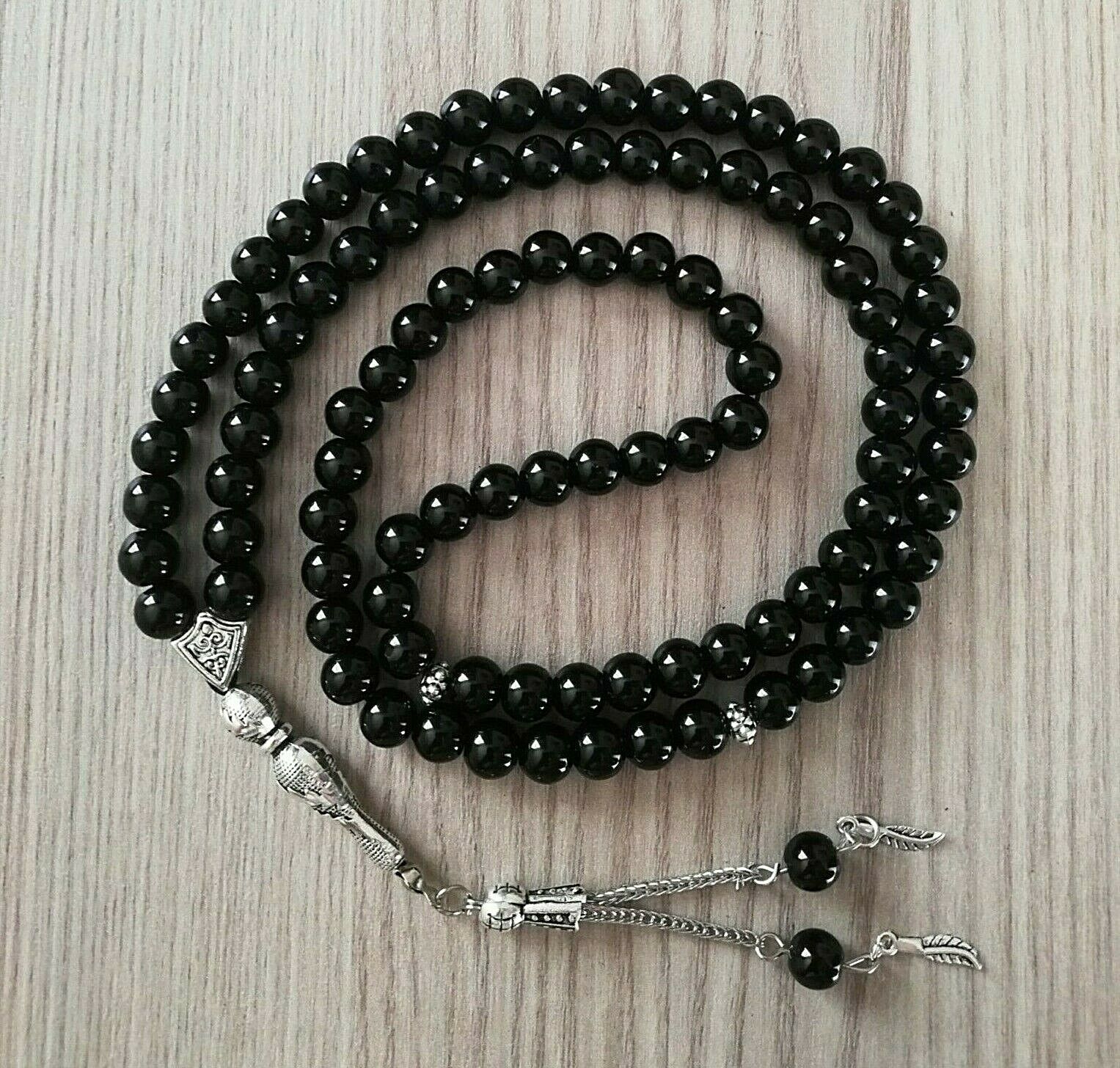 Black Onyx Stone Islamic Prayer 99 beads Tasbih Misbaha Tasbeeh Muslim 8mm BIG