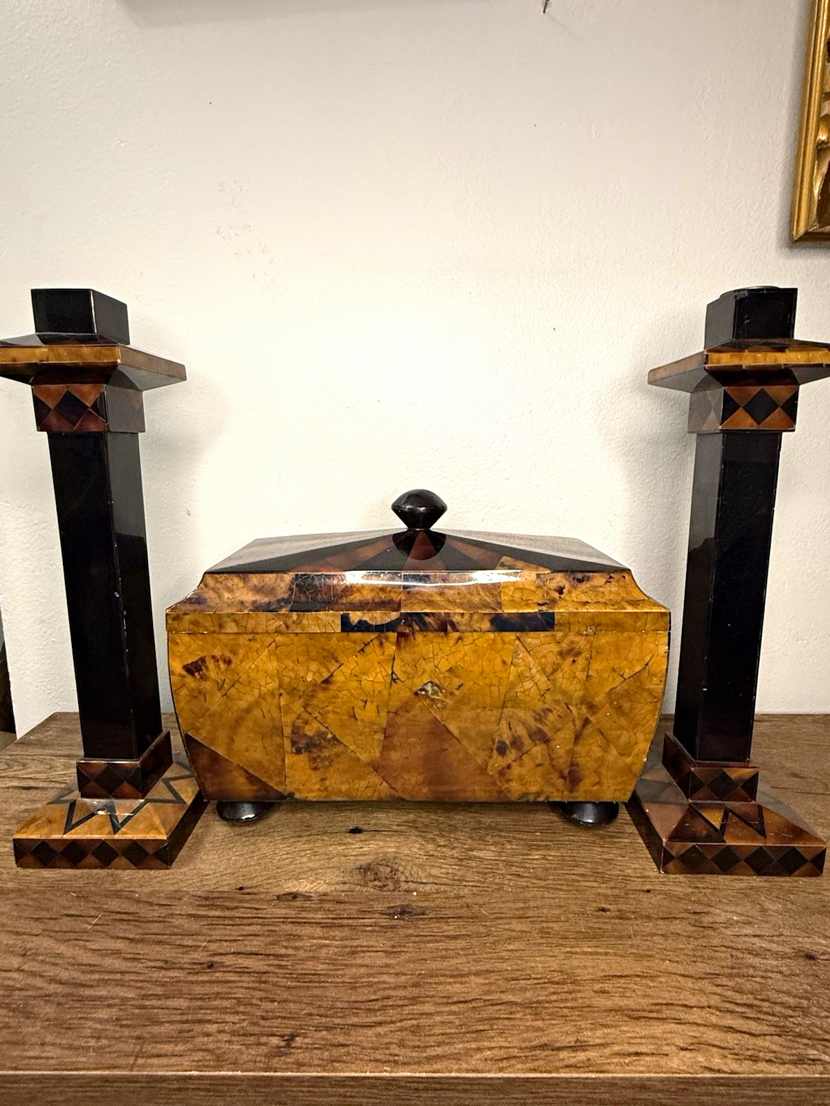 Vintage tessellated penshell tea caddy accompanied by matching columnar pedestal