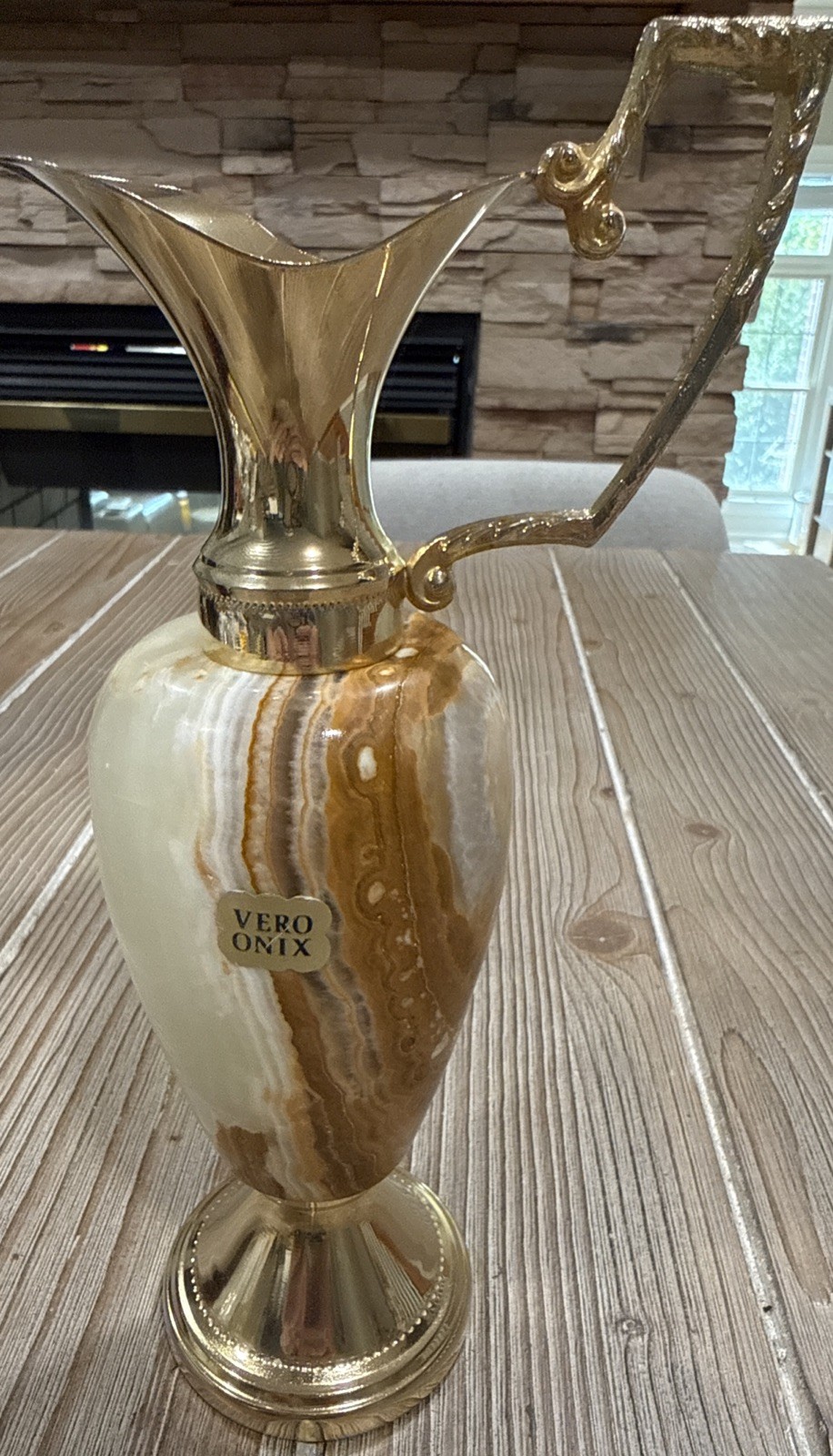 Vintage Vero Onix Brass Alabaster Marble Ewer Pitcher Vase Italy 10” Mid Century Vintage Vero Onix Brass Alabaster Marble Ewer Pitcher Vase Italy 10” Mid Century