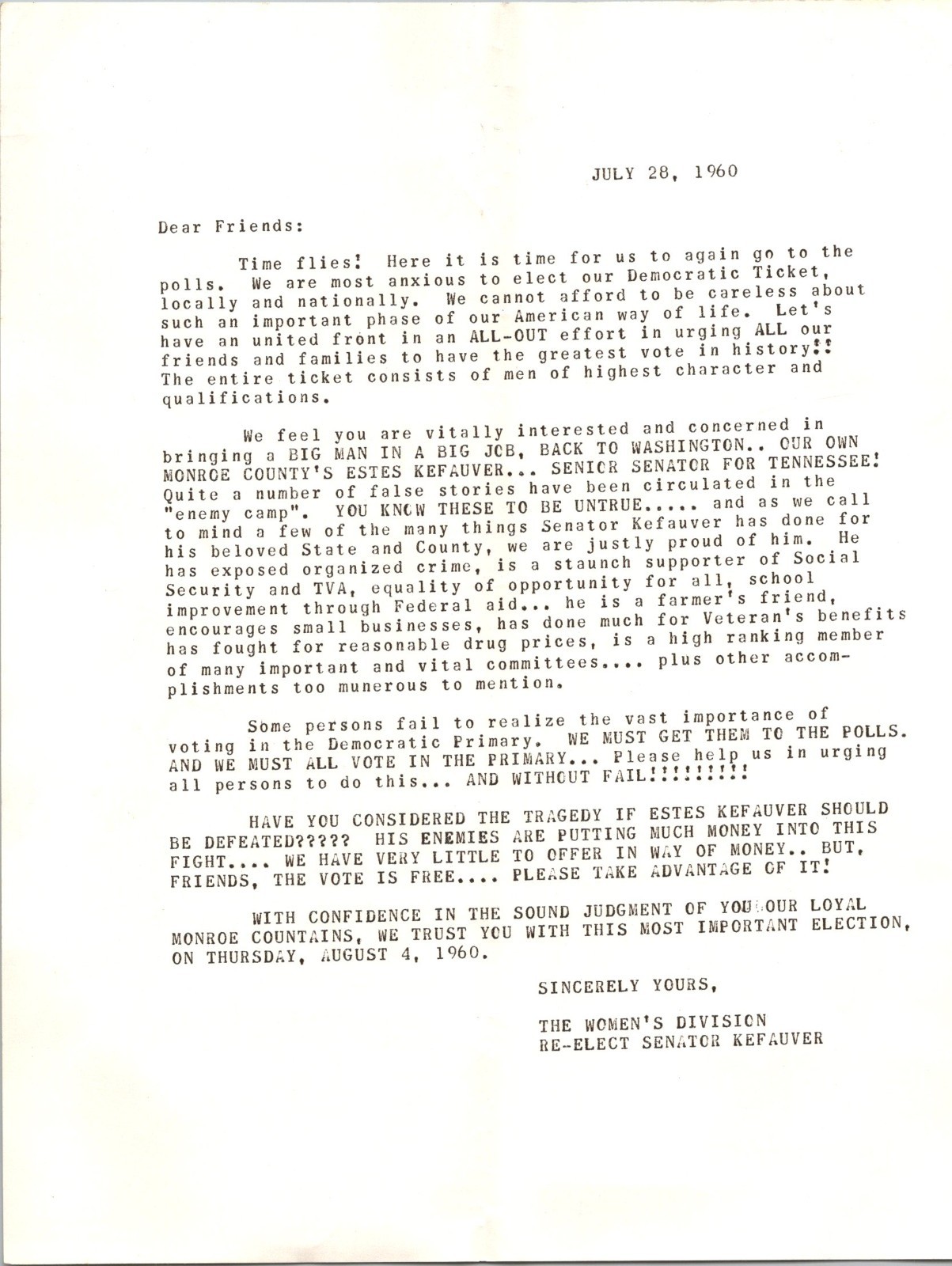 1960 Re Elect Senator Estes Kefauver Women's Division Campaign Letter Monroe Co