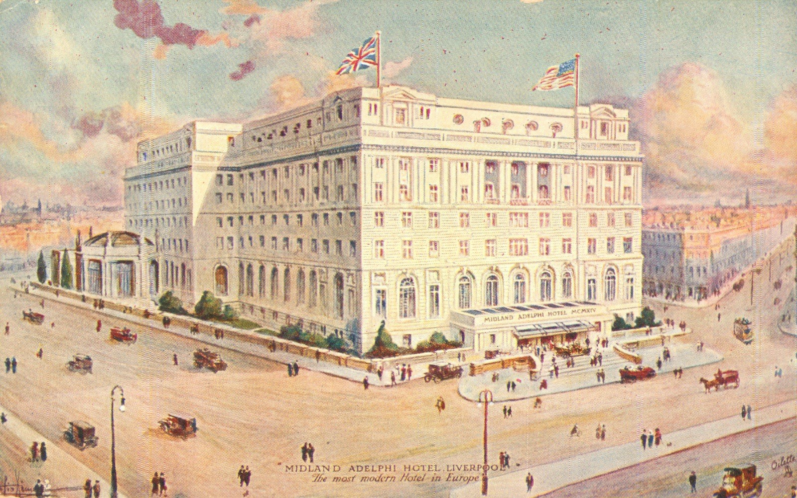 UK, England, Liverpool, Midland Adelphi Hotel USA Flag Postcard Antique 1910 N