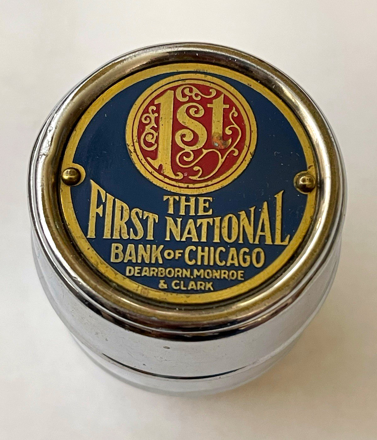 The First National Bank of Chicago Metal Barrel Coin Bank Piggy Bank  (No Key)