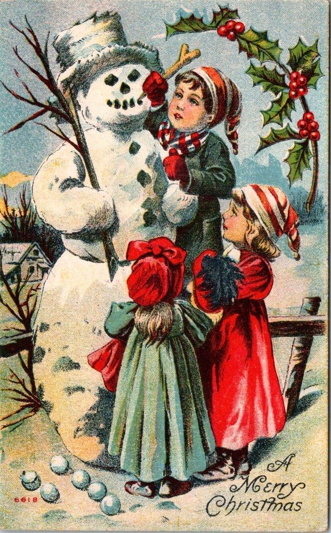 1907-10's A MERRY CHRISTMAS CHILDREN build SNOWMAN ANTIQUE VICTORIAN POSTCARD
