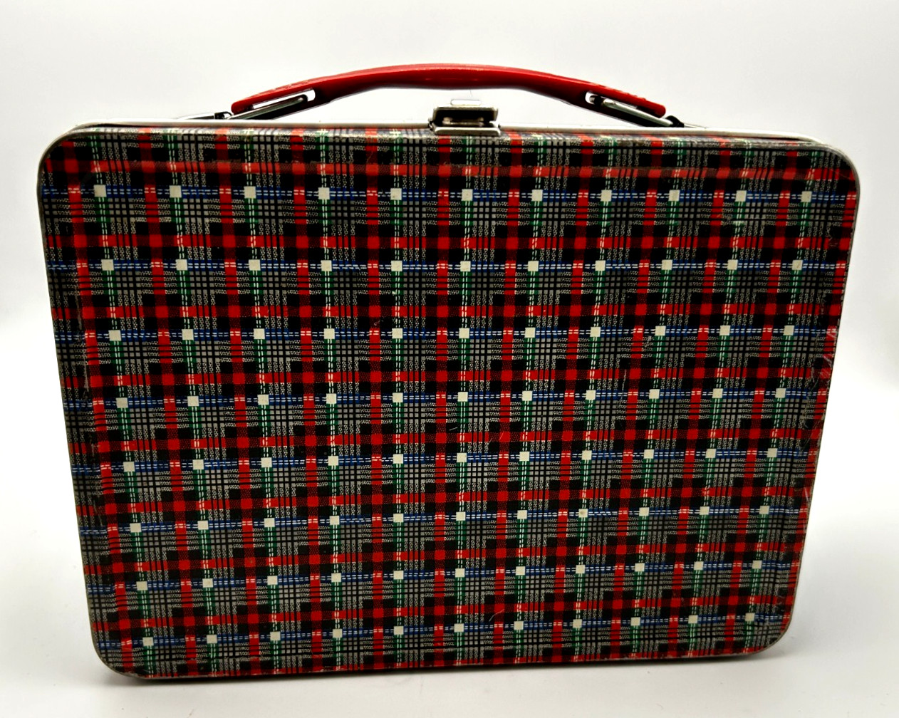 Vintage American Thermos Bottle Co Plaid Green Metal Lunch Box Red Handle USA Vintage American Thermos Bottle Co Plaid Green Metal Lunch Box Red Handle USA