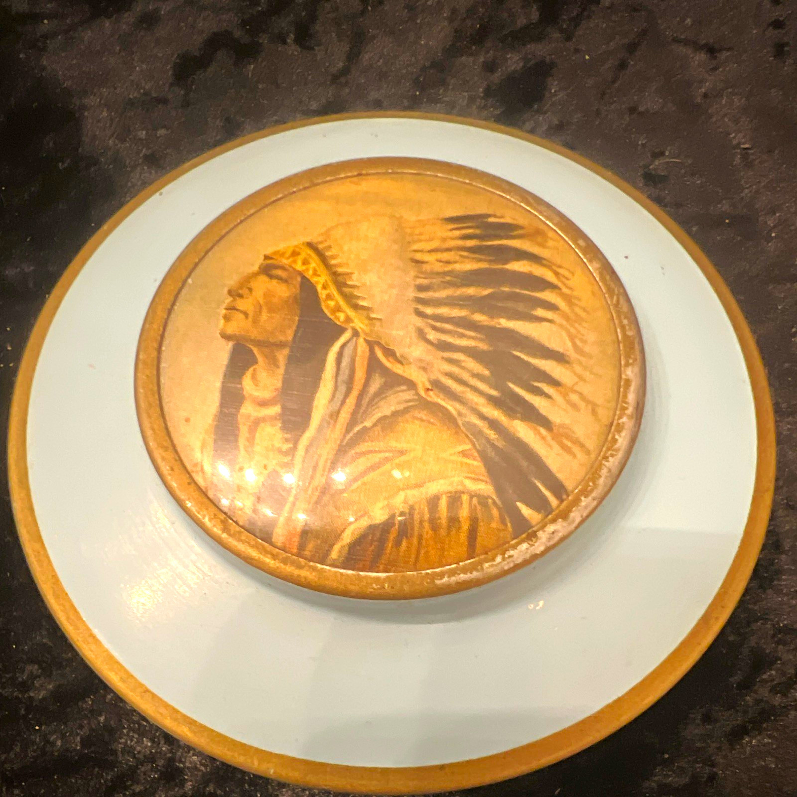 Vintage Round Metal Powder Box Tin w/ Native American Chief Lid, Made in USA