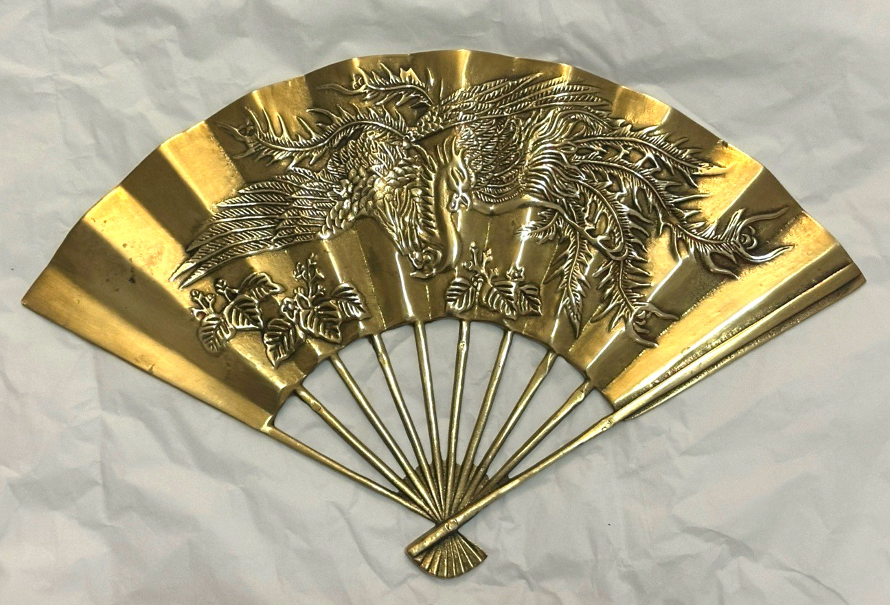 vintage solid brass Asian-style hand fan wall decor Phoenix Bird Design 11”x7”