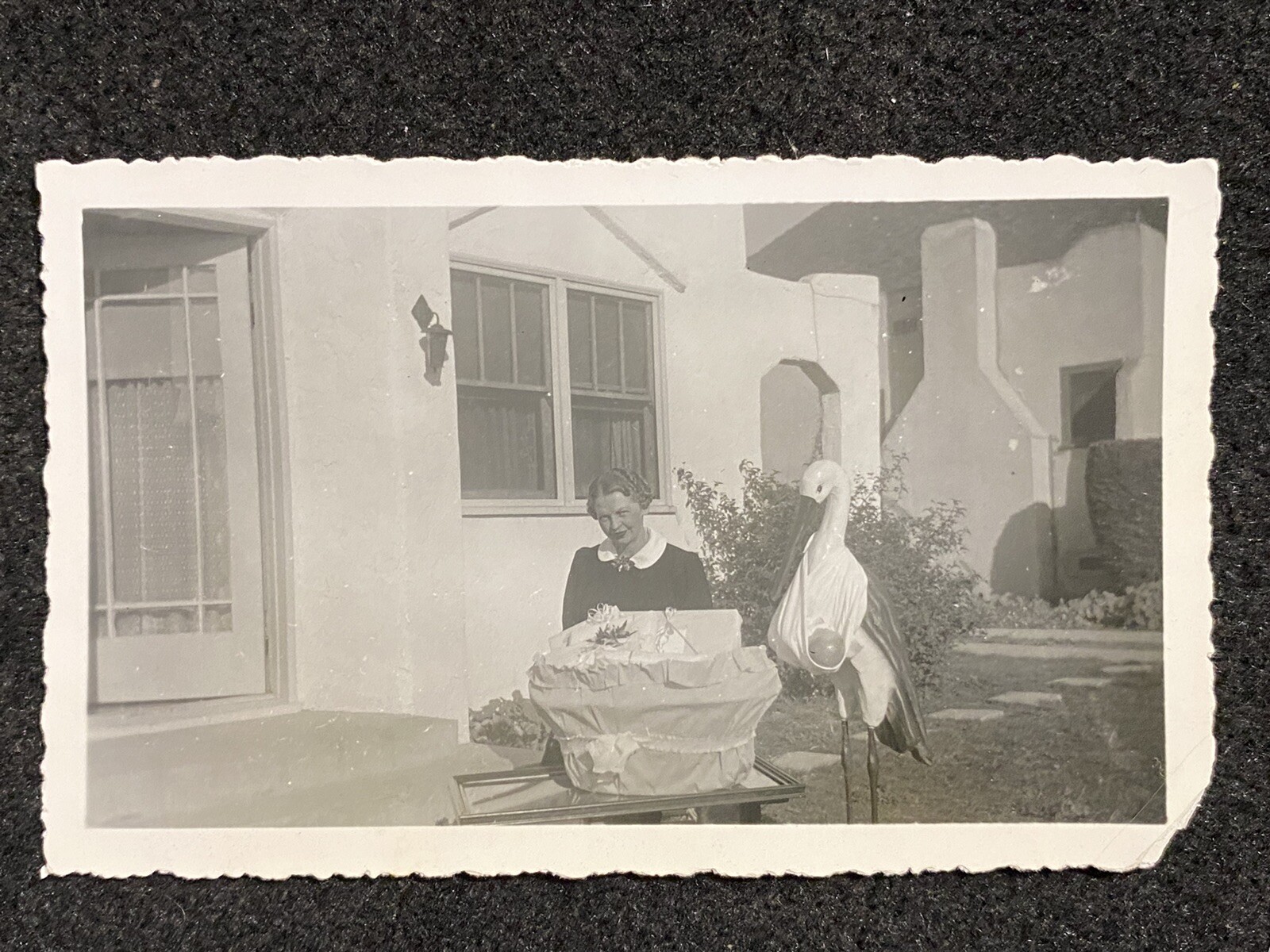 Pregnant Woman With Baby Crib And Stork Bird 1941 Antique Snapshot Photo