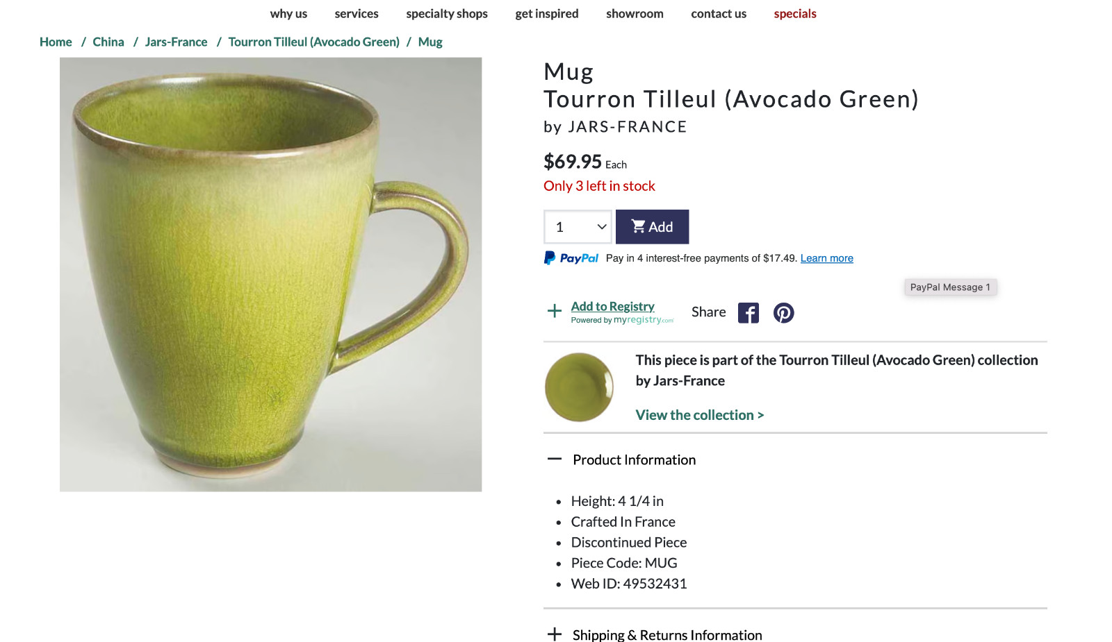Jars France Mug Avocado Green Tourron Tilleul French Country Coffee Cup Set of 6 Jars France Mug Avocado Green Tourron Tilleul French Country Coffee Cup Set of 6