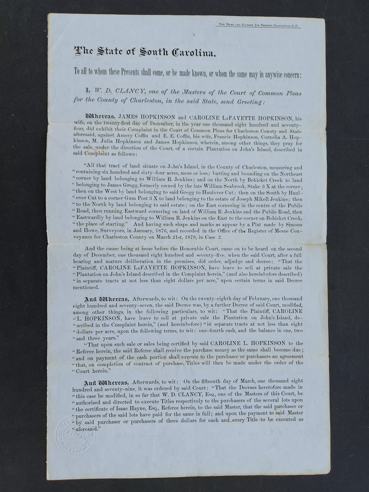 1881 antique LEGAL DOC charleston sc PLANTATION on JOHN\'S ISLAND sale title