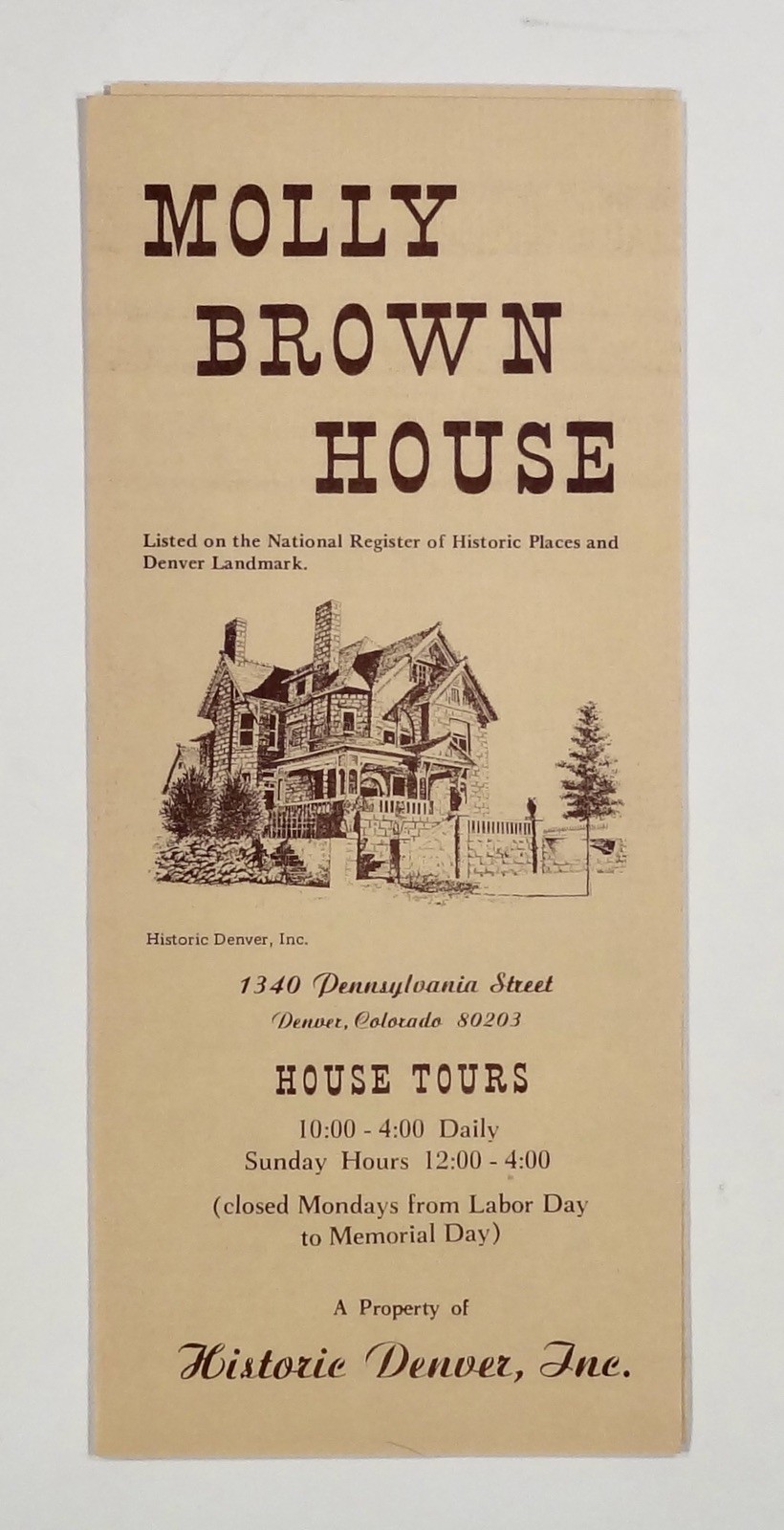 c.1980 MOLLY BROWN HOUSE brochure Denver tourist guide HISTORIC BUILDING tour