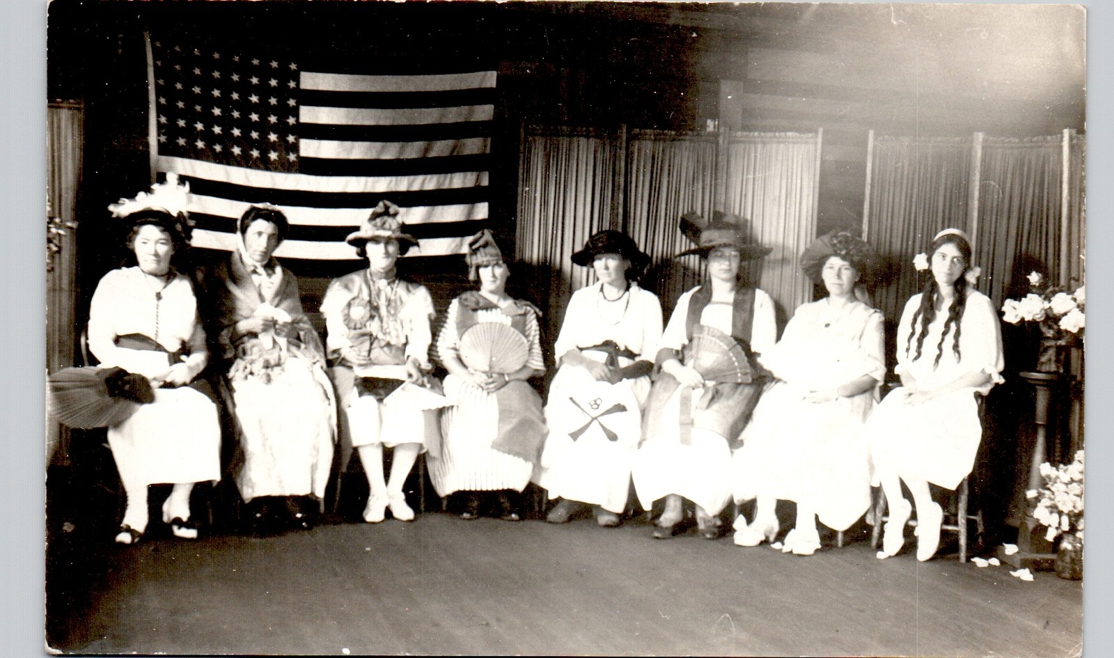 PATRIOTIC PLAY THEATRE COSTUMES c1910 postcard portrait real photo rppc named