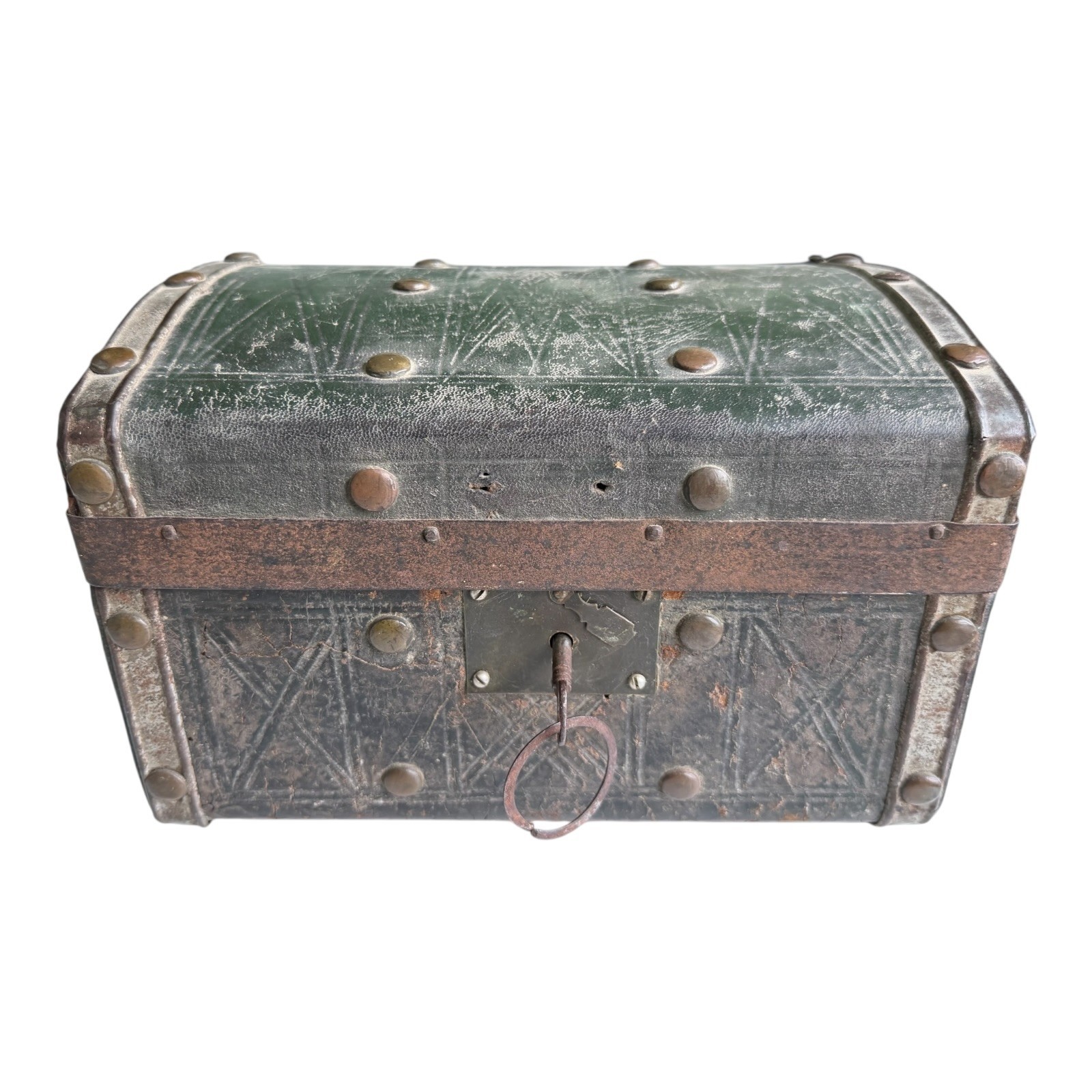 Antique American Green Leather Covered Lock Box Dome Top Chest Antique American Green Leather Covered Lock Box Dome Top Chest