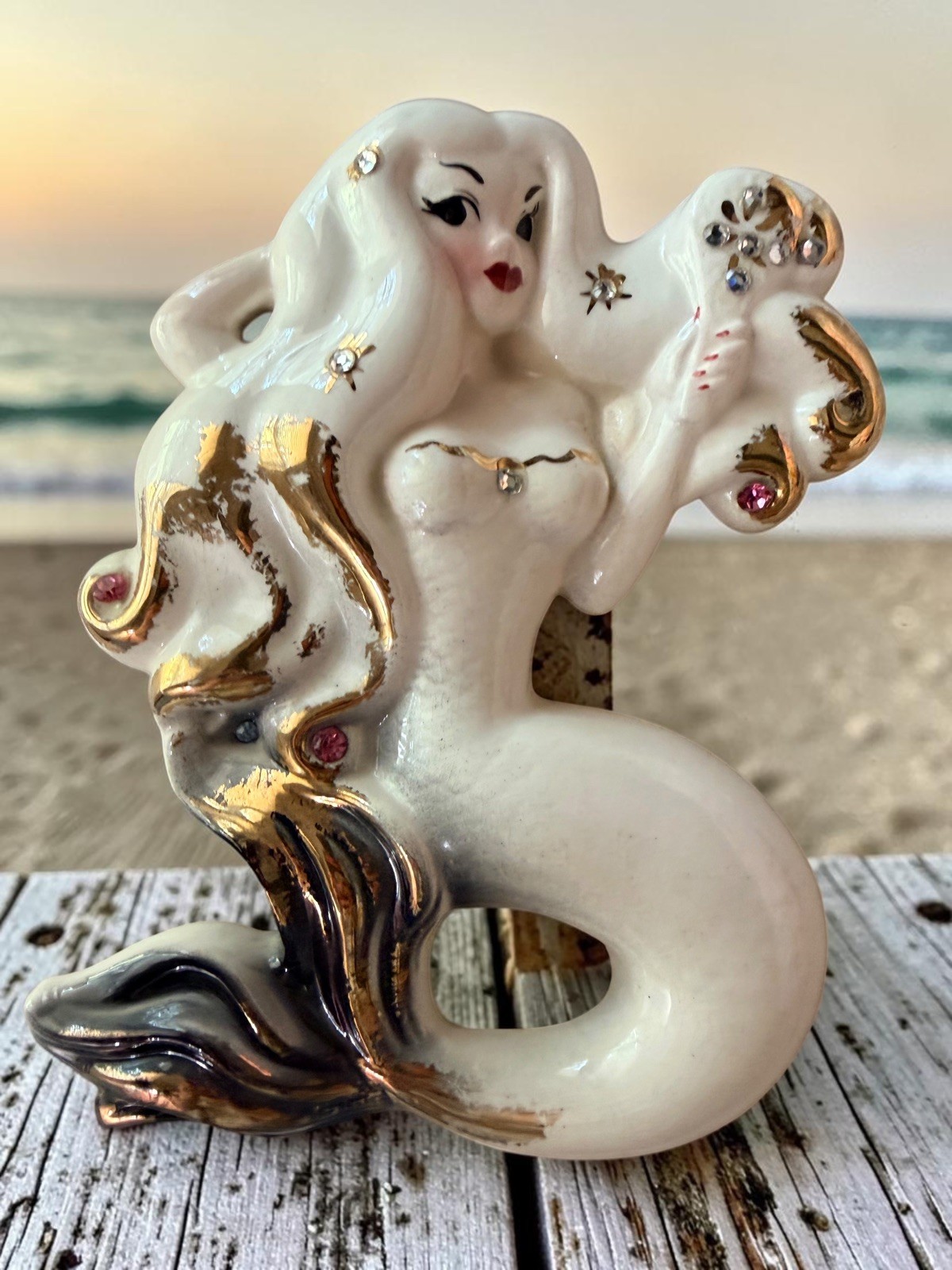 Vintage Large DEFOREST Ceramic Mermaid with Rhinestones RARE 🌴🐳 🐚 Vintage Large DEFOREST Ceramic Mermaid with Rhinestones RARE 🌴🐳 🐚