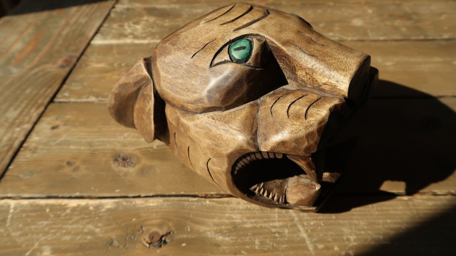 Antique Hand Carved Wood Jaguar Head Sculpture 7.75\