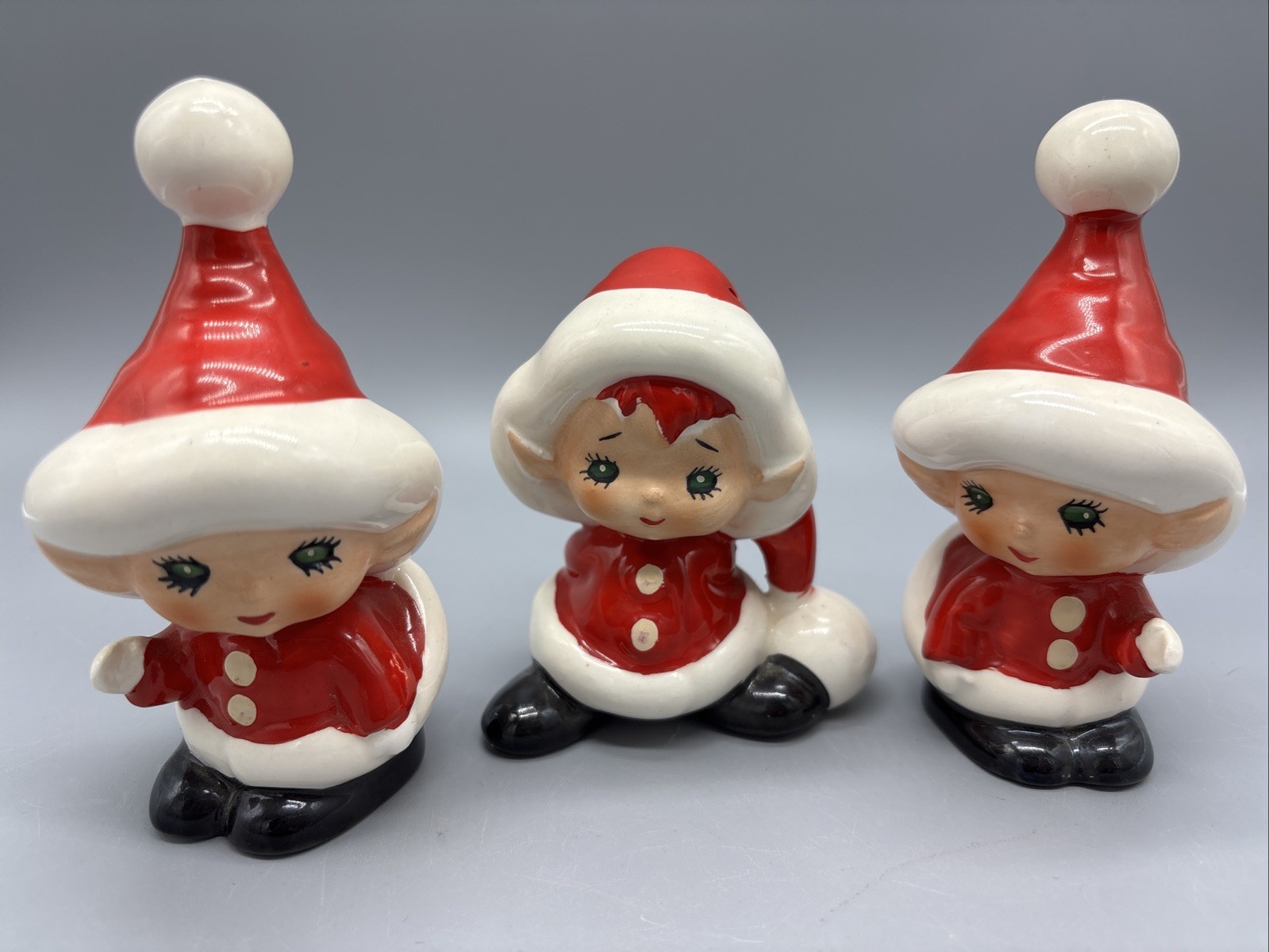 Lefton Santakins Green Eyed Pixie Salt & Pepper 3 Vintage Pieces