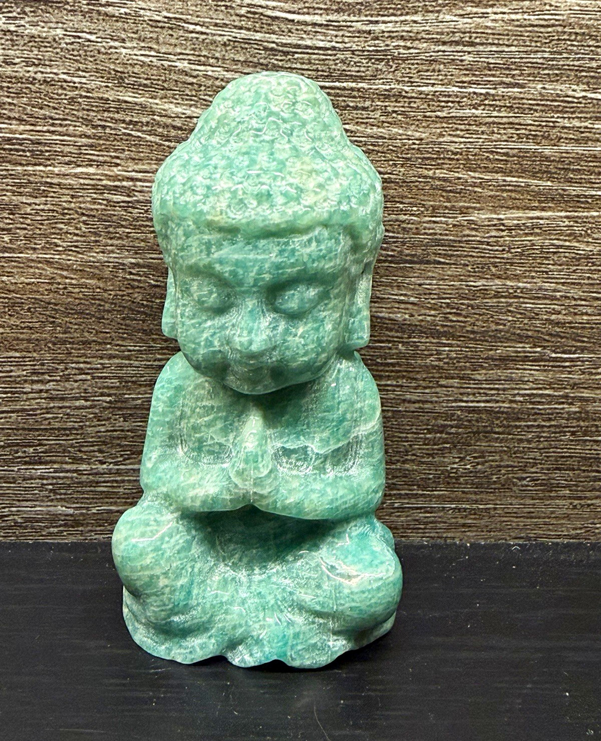 Amazonite Crystal  Carved Praying Buddha Figurine Statue, ~3 in Tall Decorative