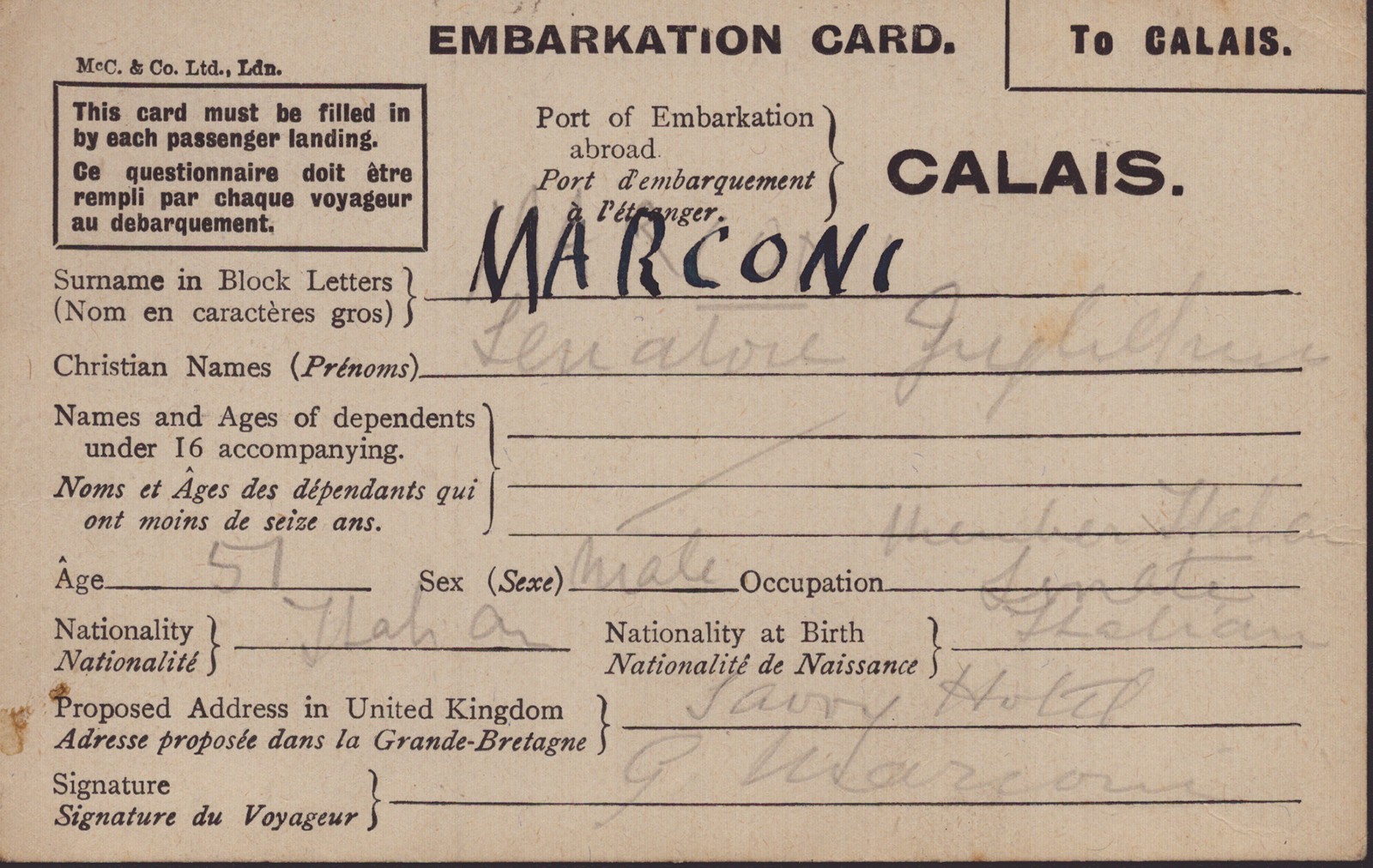 GUGLIELMO M. MARCONI - DOCUMENT SIGNED CIRCA 1924