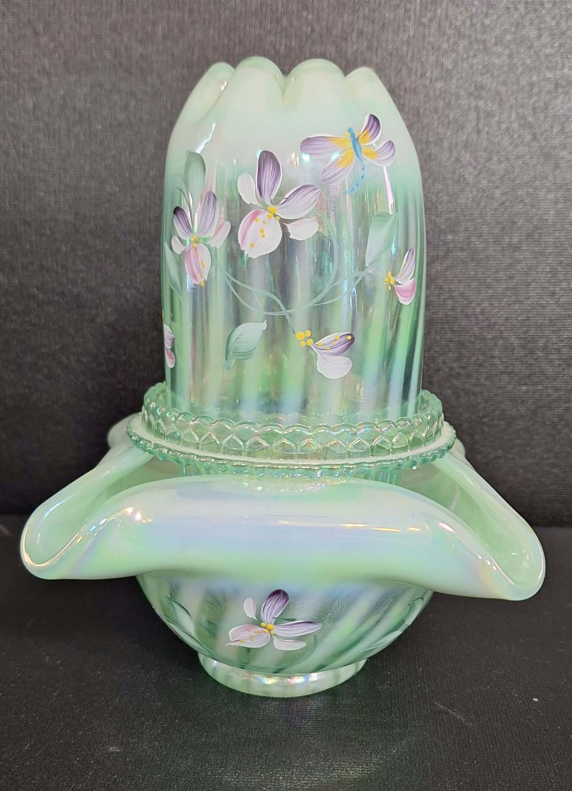 Fenton for QVC 2001 Willow Green Opal Iridized 3 pc Fairy Light