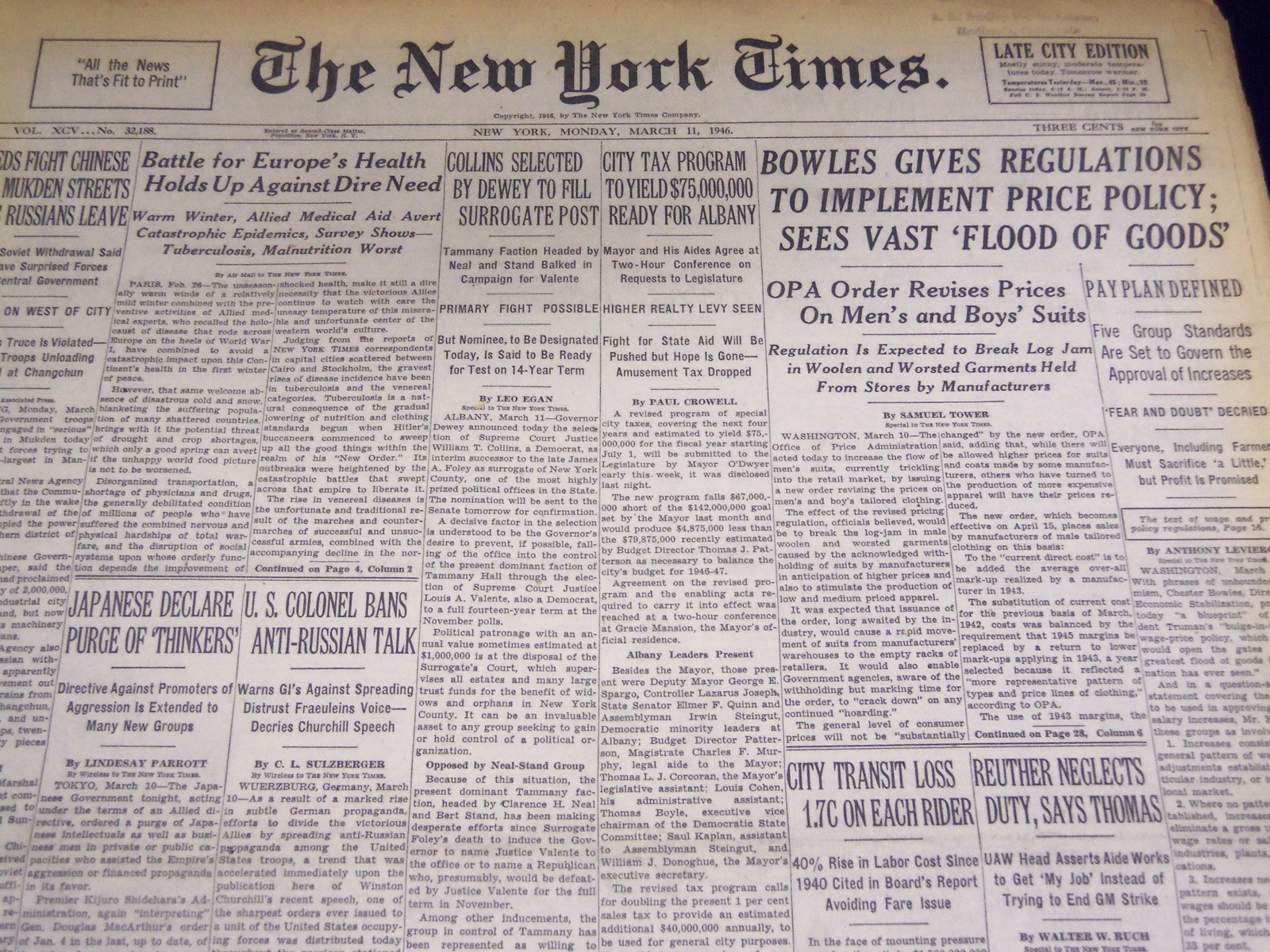 1946 MARCH 11 NEW YORK TIMES - BOWLES GIVES REGULATIONS - NT 3473 1946 MARCH 11 NEW YORK TIMES - BOWLES GIVES REGULATIONS - NT 3473