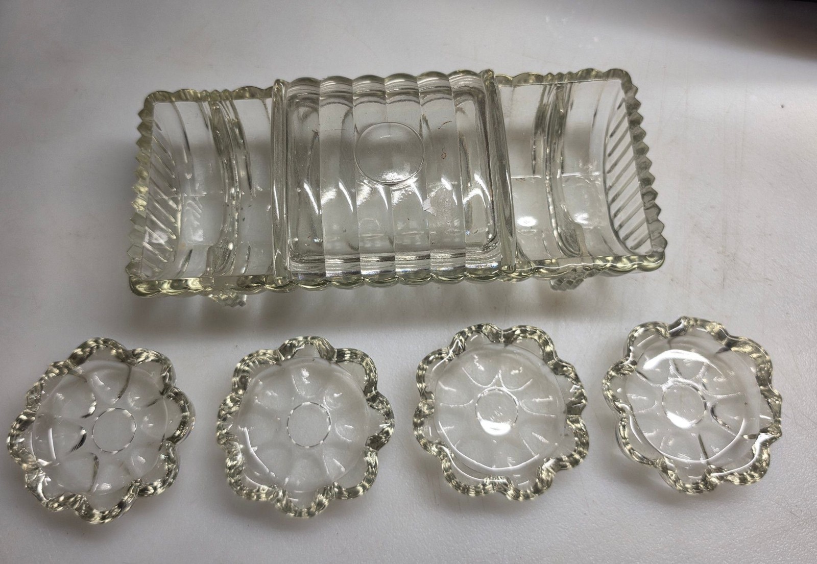 Vintage Pressed Clear Glass Smoking Set With 4 Ashtrays and Holder