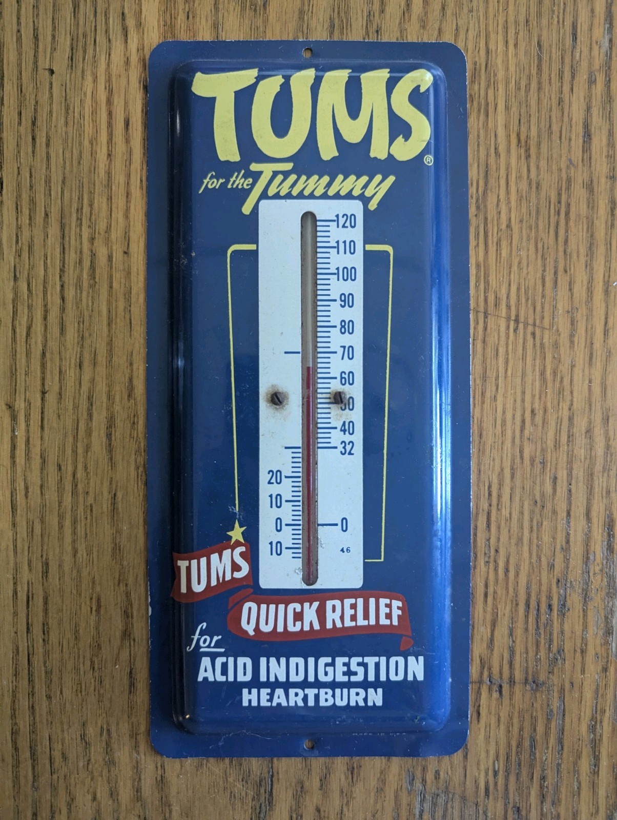 Vtg 50s Tums For The Tummy Thermometer Metal Advertising Sign 9x4