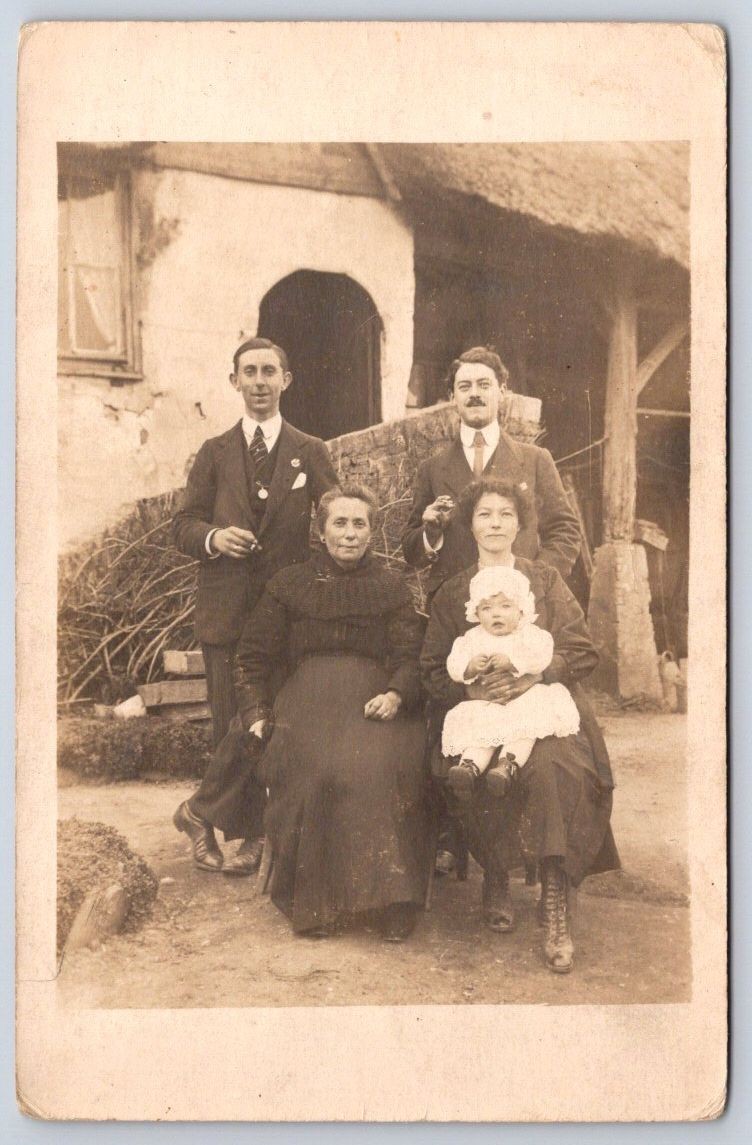 Antique France family group outdoor portrait baby cottage RPPC Antique France family group outdoor portrait baby cottage RPPC