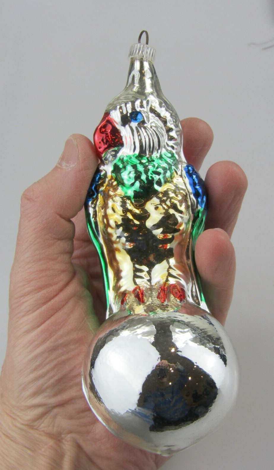Vintage Blown Glass Jumbo PARROT Bird on Ball Christmas Ornament Germany