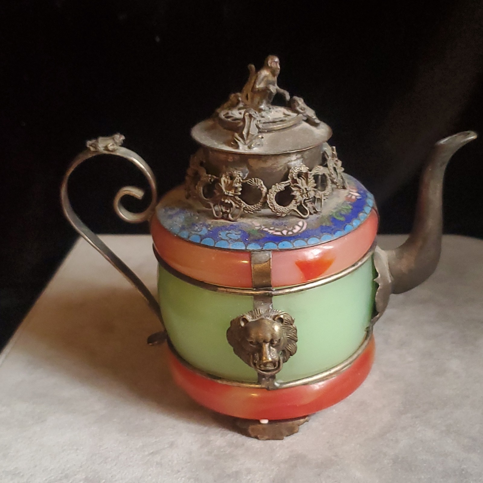 Chinese Cloisonne-Style Enamel Teapot w/ Lid, Dragon, Lion Mask, Metal Chinese Cloisonne-Style Enamel Teapot w/ Lid, Dragon, Lion Mask, Metal