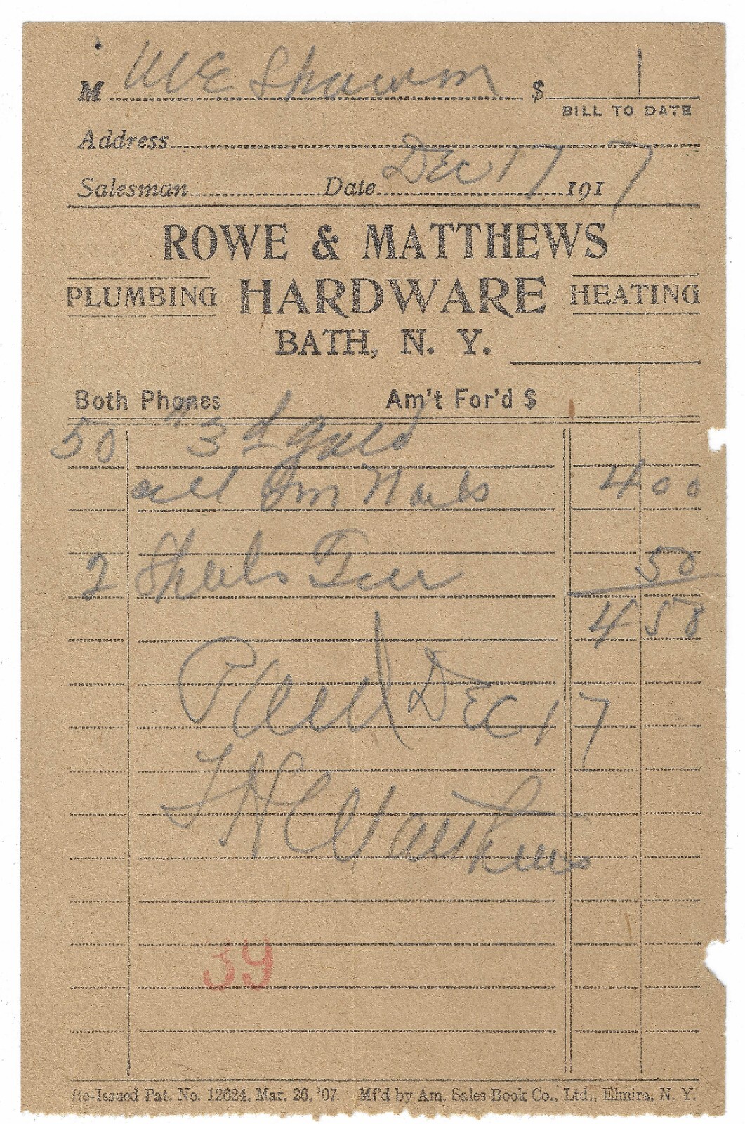 1917 Receipt, Rowe & Matthews Hardware, Bath, New York, Plumbing, Heating 1917 Receipt, Rowe & Matthews Hardware, Bath, New York, Plumbing, Heating