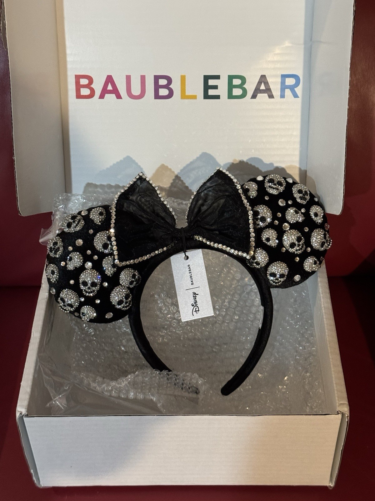 New BaubleBar Disney Minnie Mouse Black Velvet Skull Crystal Ears Headband